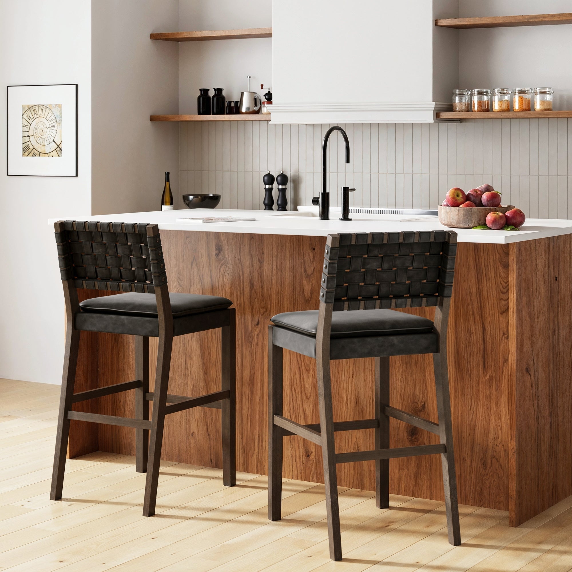 Faux Leather Woven Bar Stools Black (Set of 2)