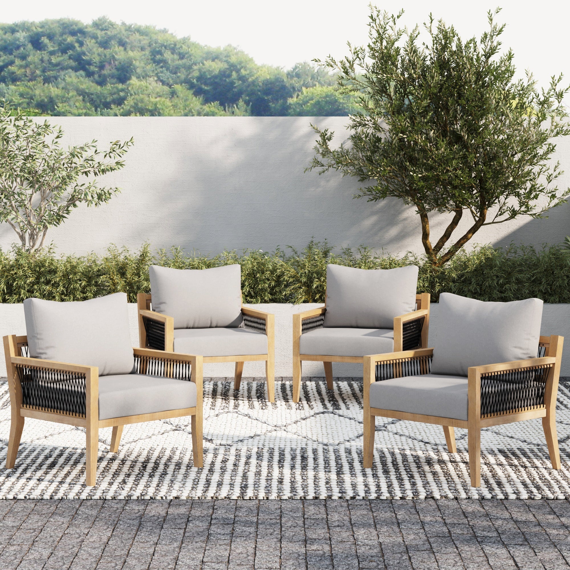 Outdoor Wood Cushioned Patio Chairs (Set of 4)