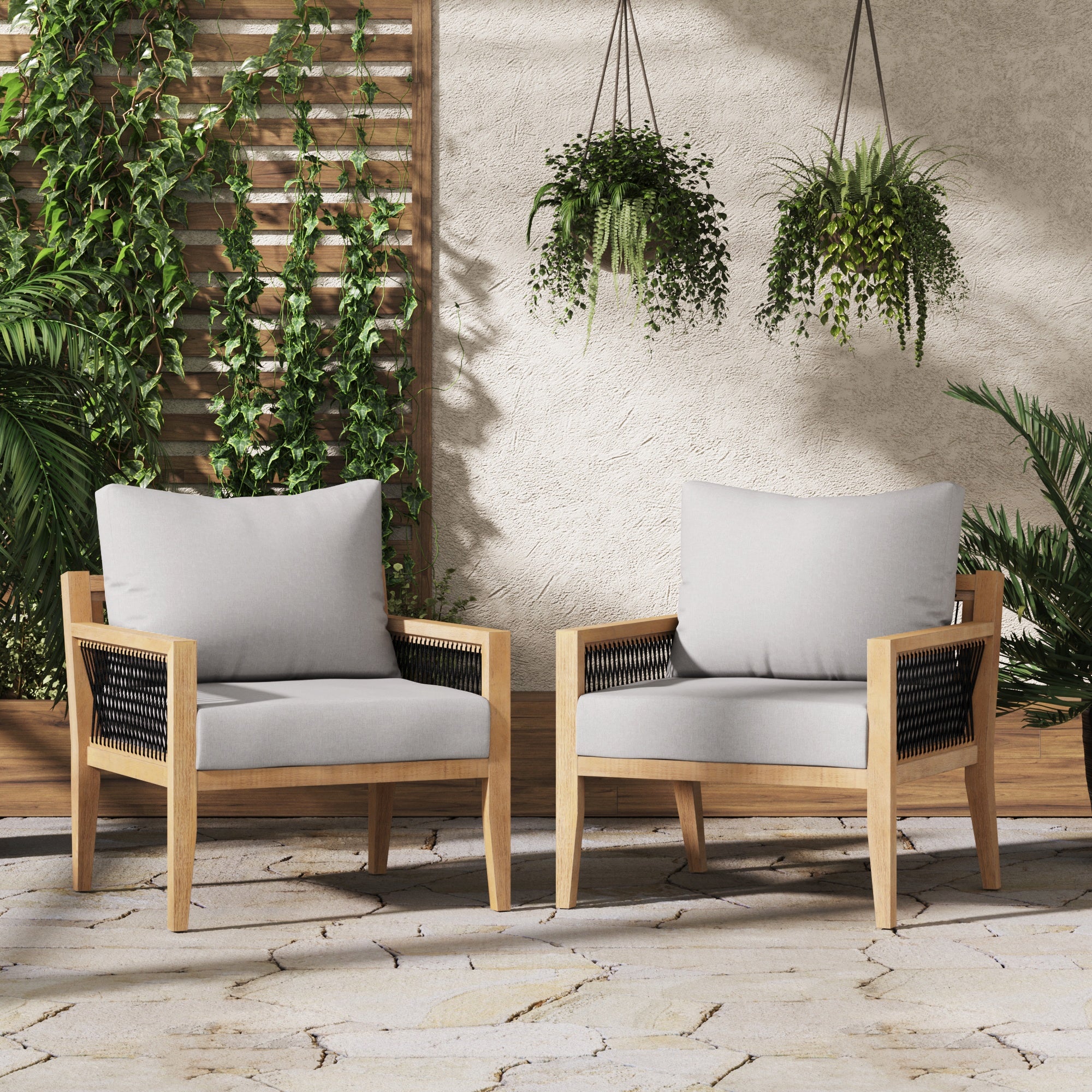 Outdoor Wood Cushioned Patio Chairs (Set of 2)