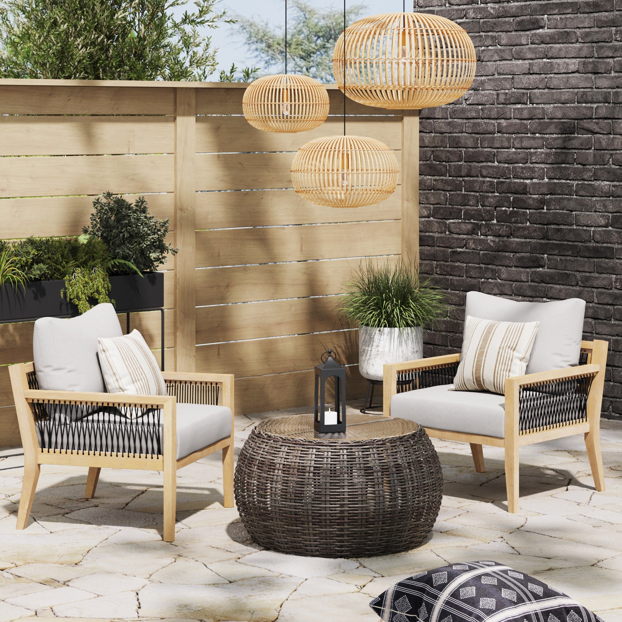 Outdoor Wood Cushioned Patio Chairs (Set of 2)