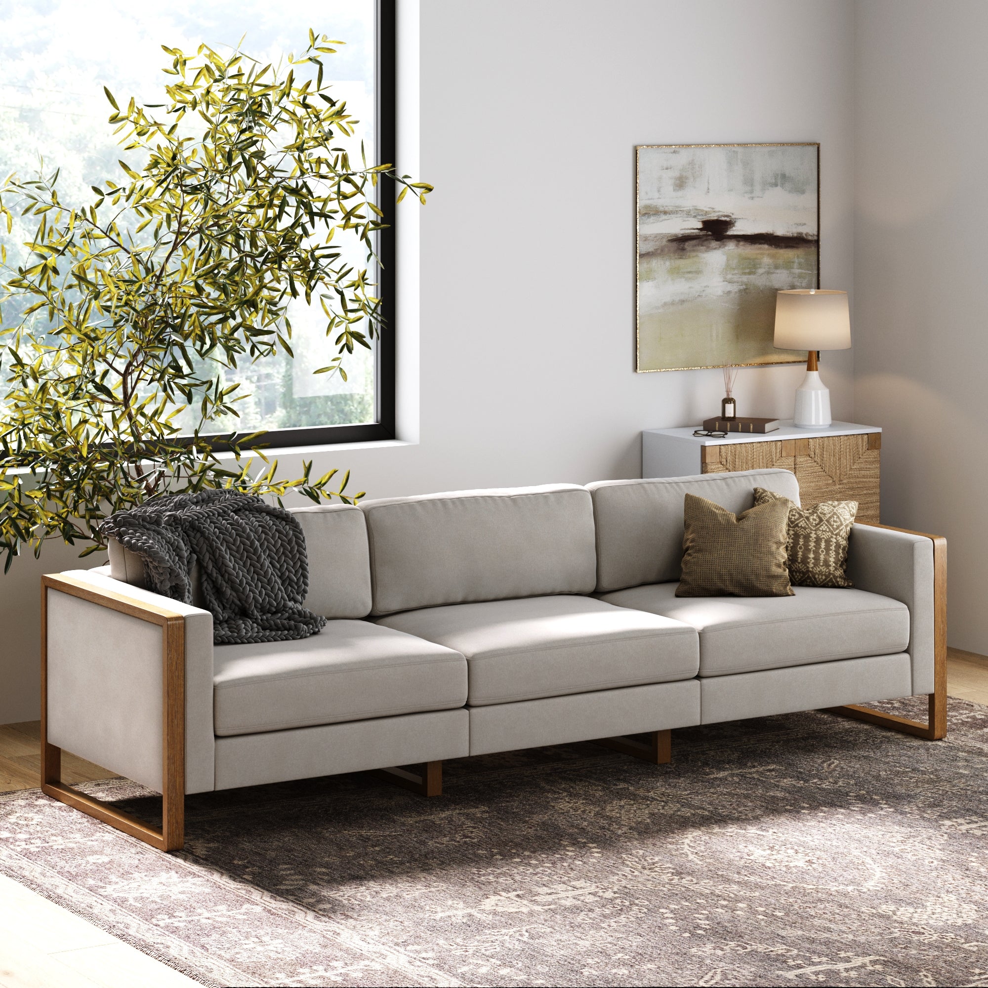 Soft Fabric 3-Seat Wood Frame Sofa Couch Beige