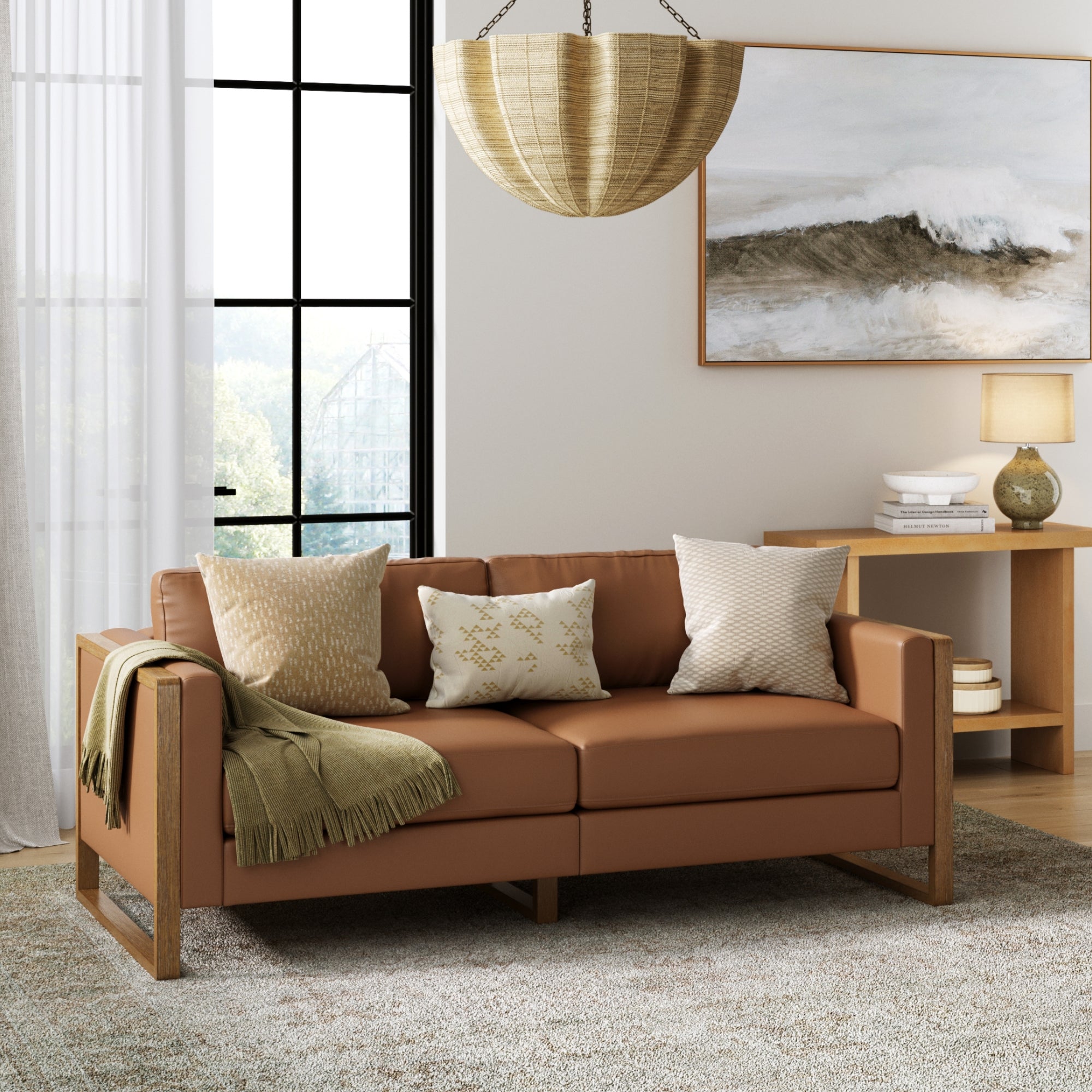 Leather Wood Frame Loveseat Sofa Couch Camel