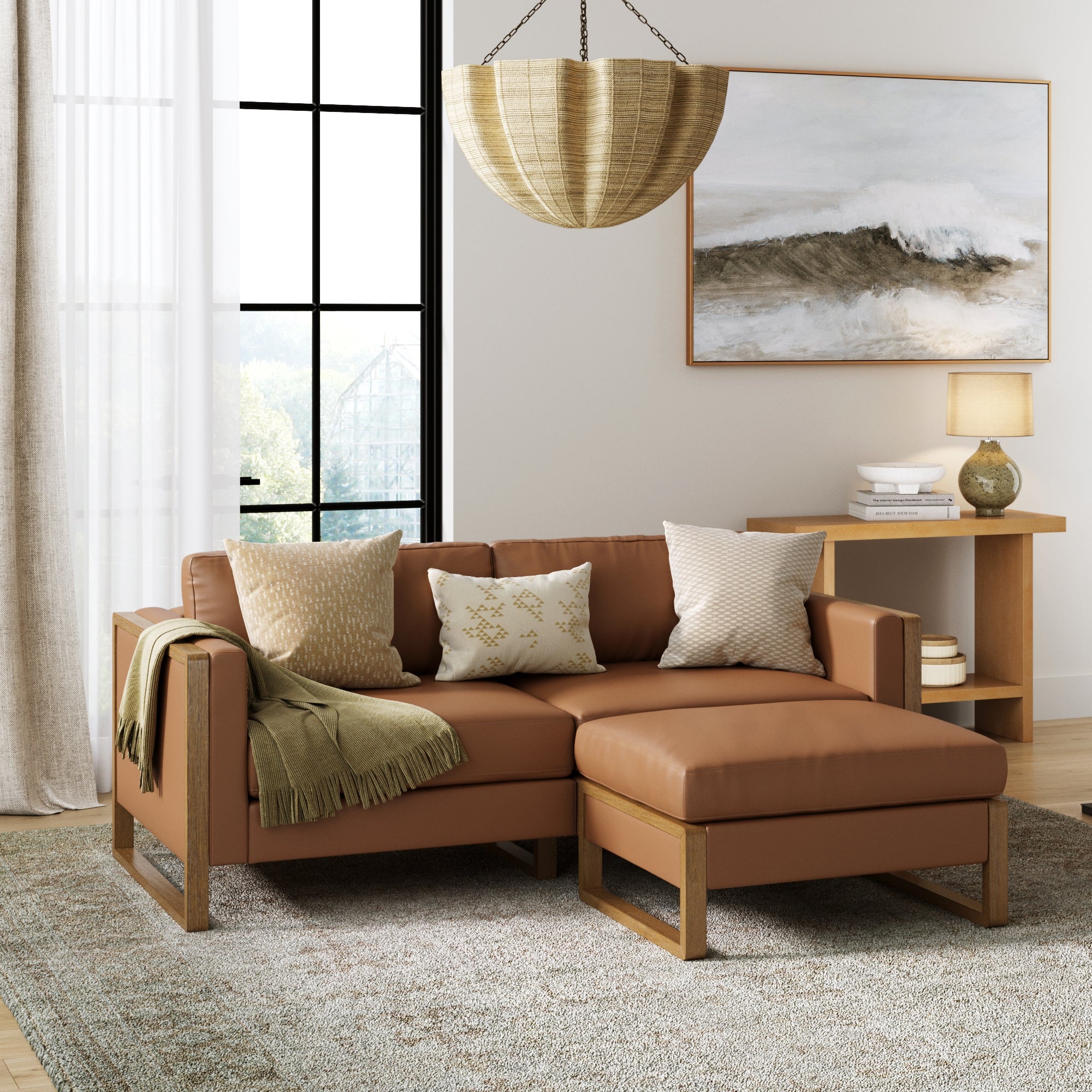 Leather Wood Frame Loveseat Sofa Couch & Storage Ottoman Camel