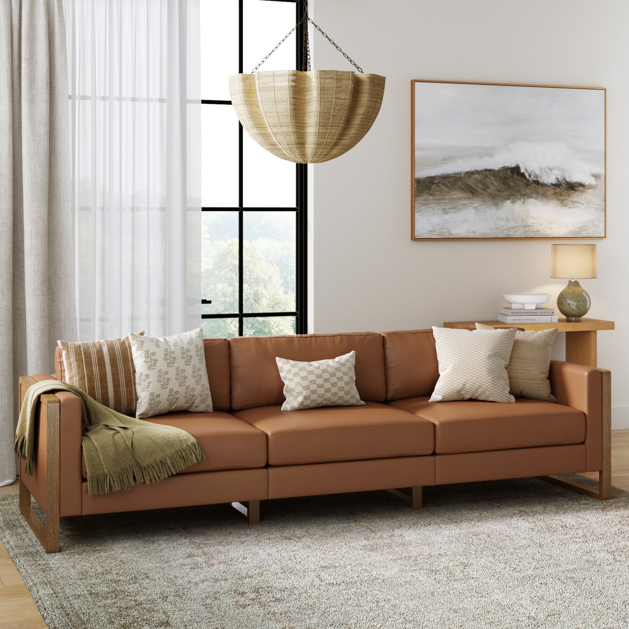 Leather Wood Frame 3-Seat Sofa Couch Camel