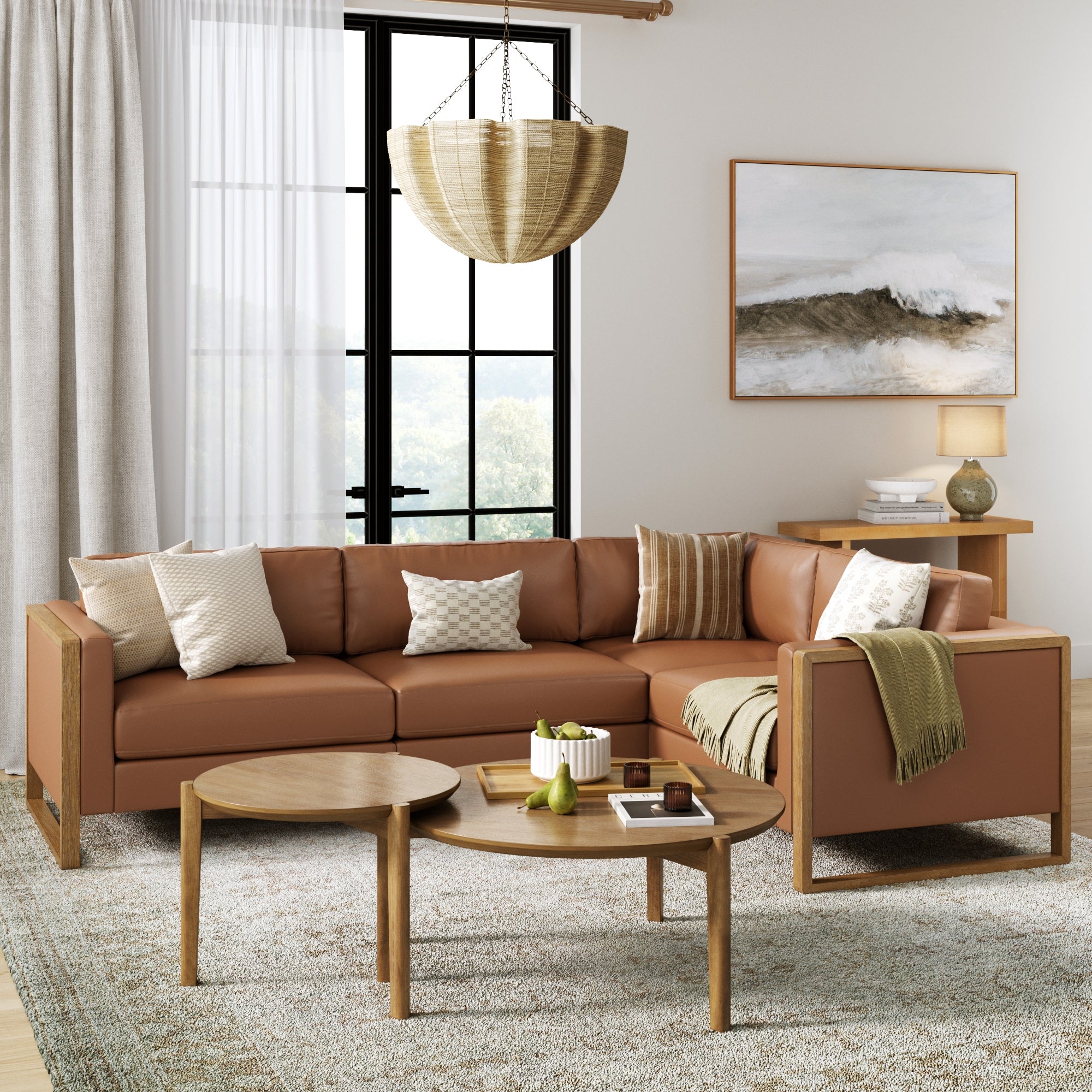 Leather 4-Seat Wood Frame Sectional Sofa Couch Camel