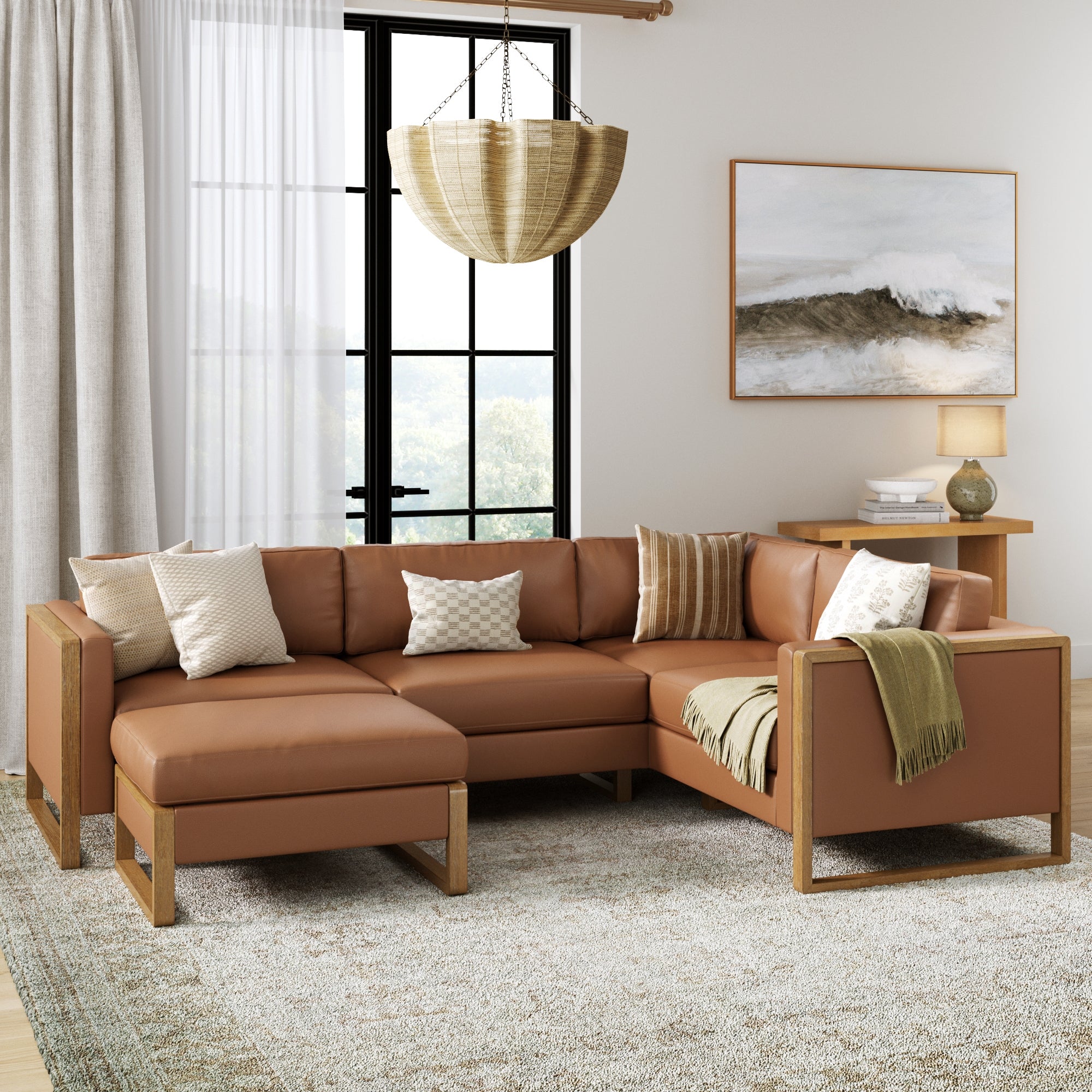 Leather 4-Seat Wood Frame Sectional Couch & Storage Ottoman Camel