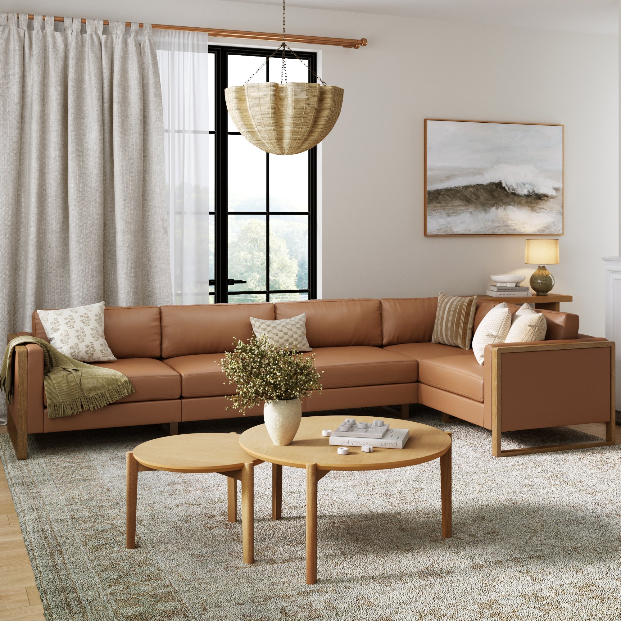 Leather 5-Seat Wood Frame Sectional Sofa Couch Camel