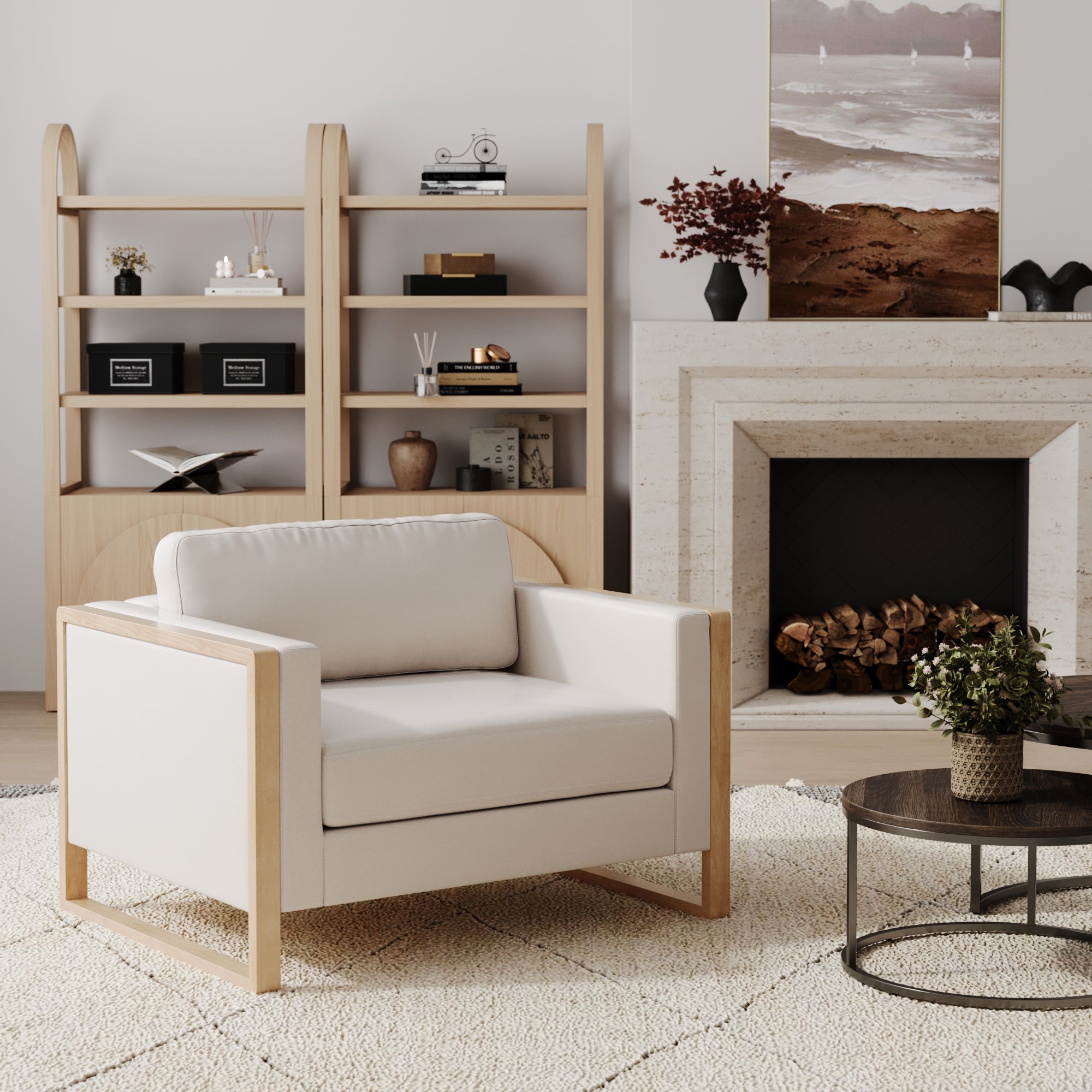 Soft Fabric Wood Frame Armchair Bisque