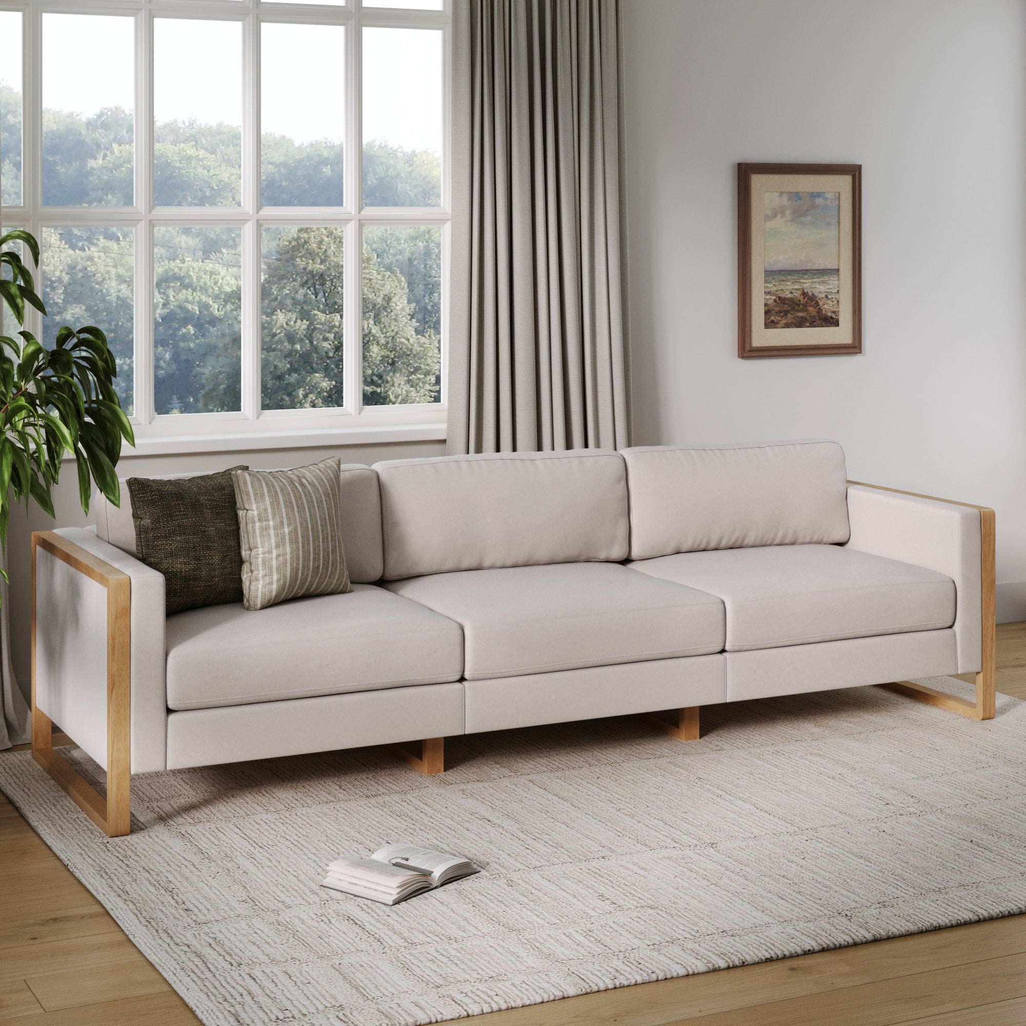 Soft Fabric 3-Seat Wood Frame Sofa Couch Bisque