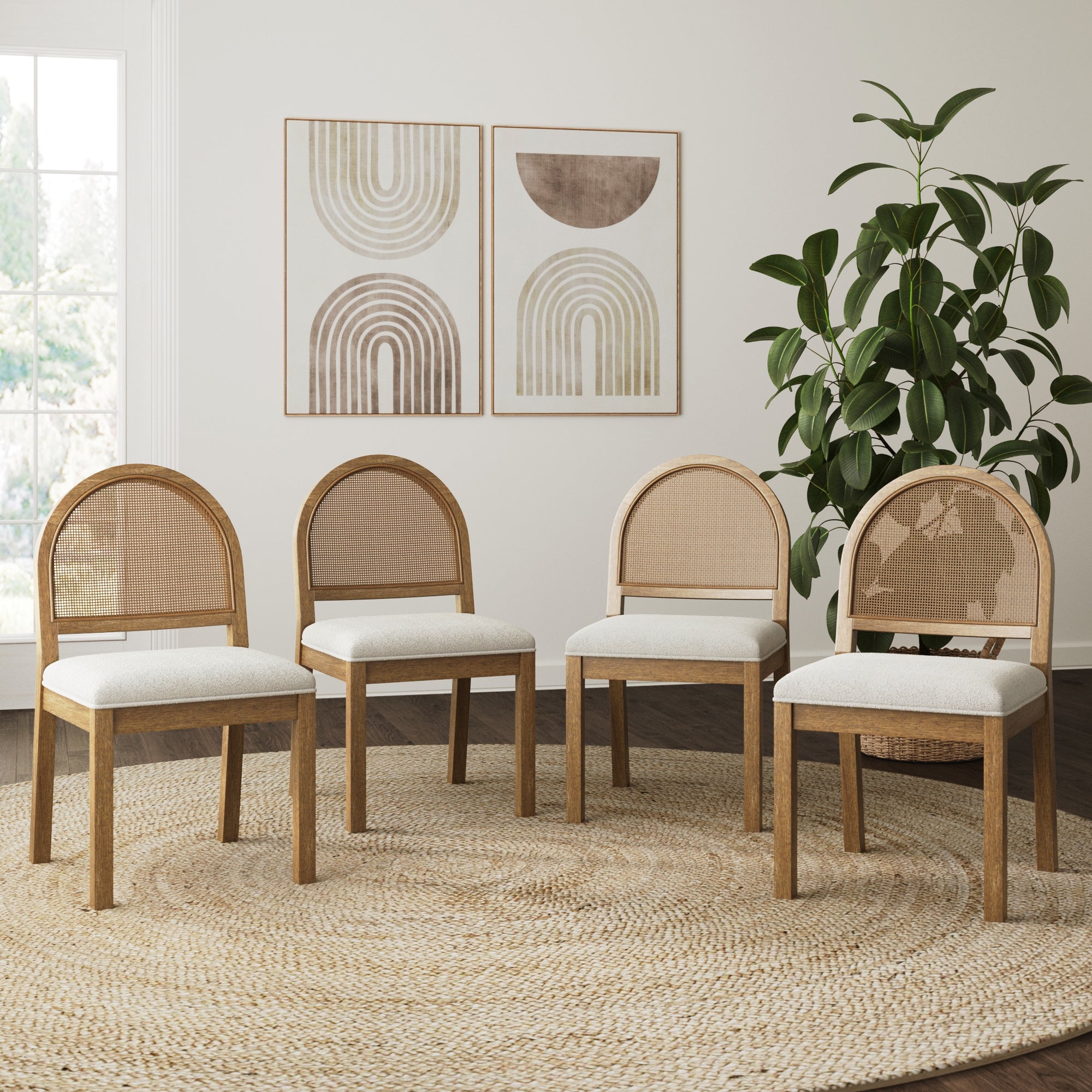 Boucle & Rattan Dining Chairs Light Brown (Set of 4)