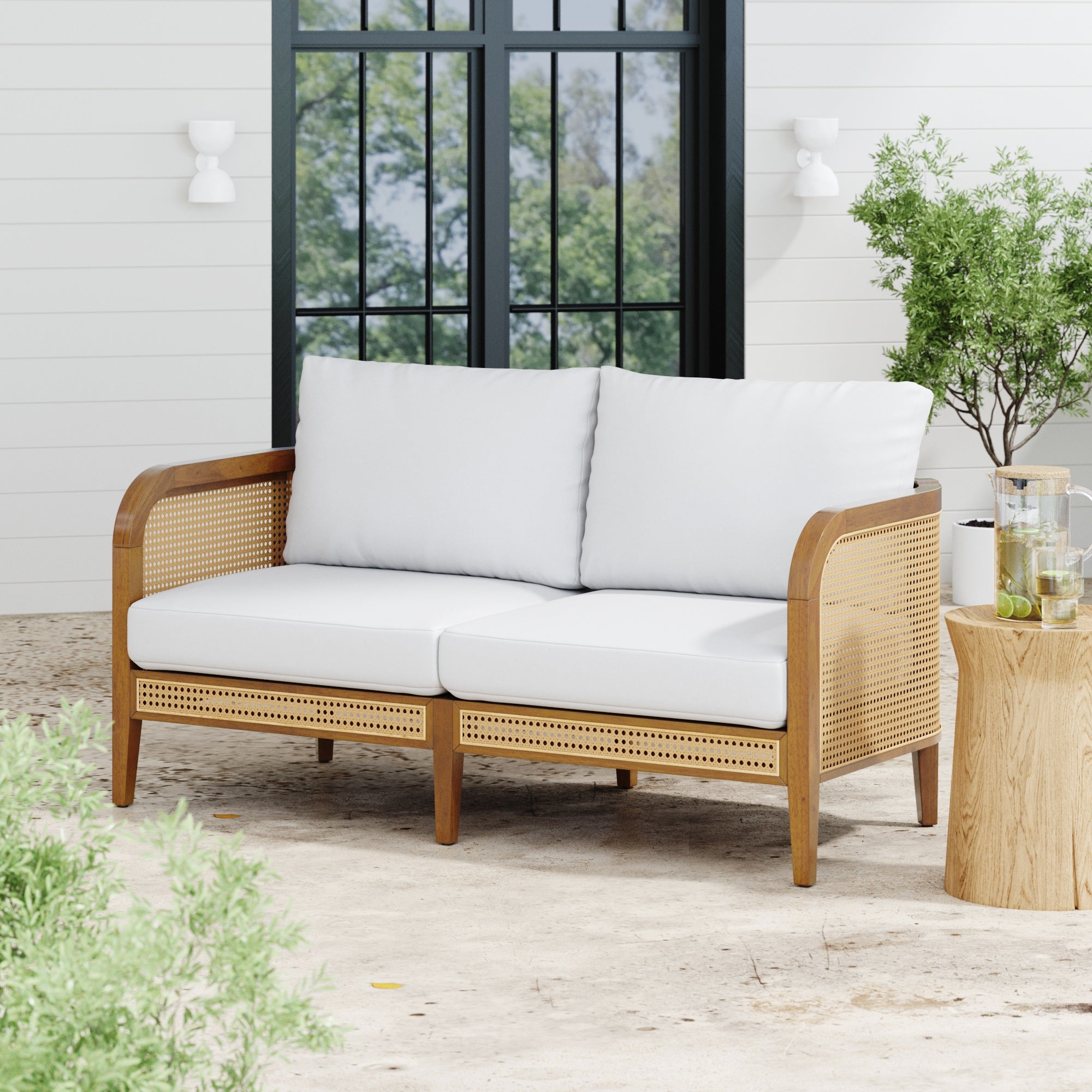 Solid Wood & Rattan Outdoor Patio Cushioned Sofa