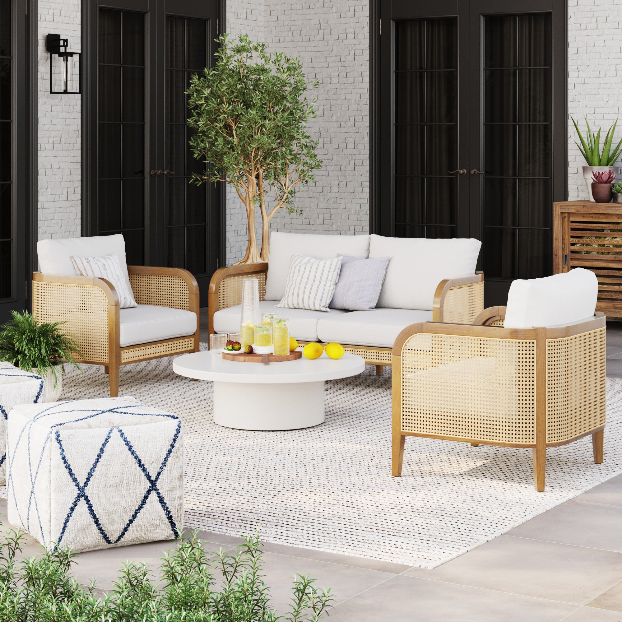 Solid Wood & Rattan Outdoor Patio Cushioned Sofa