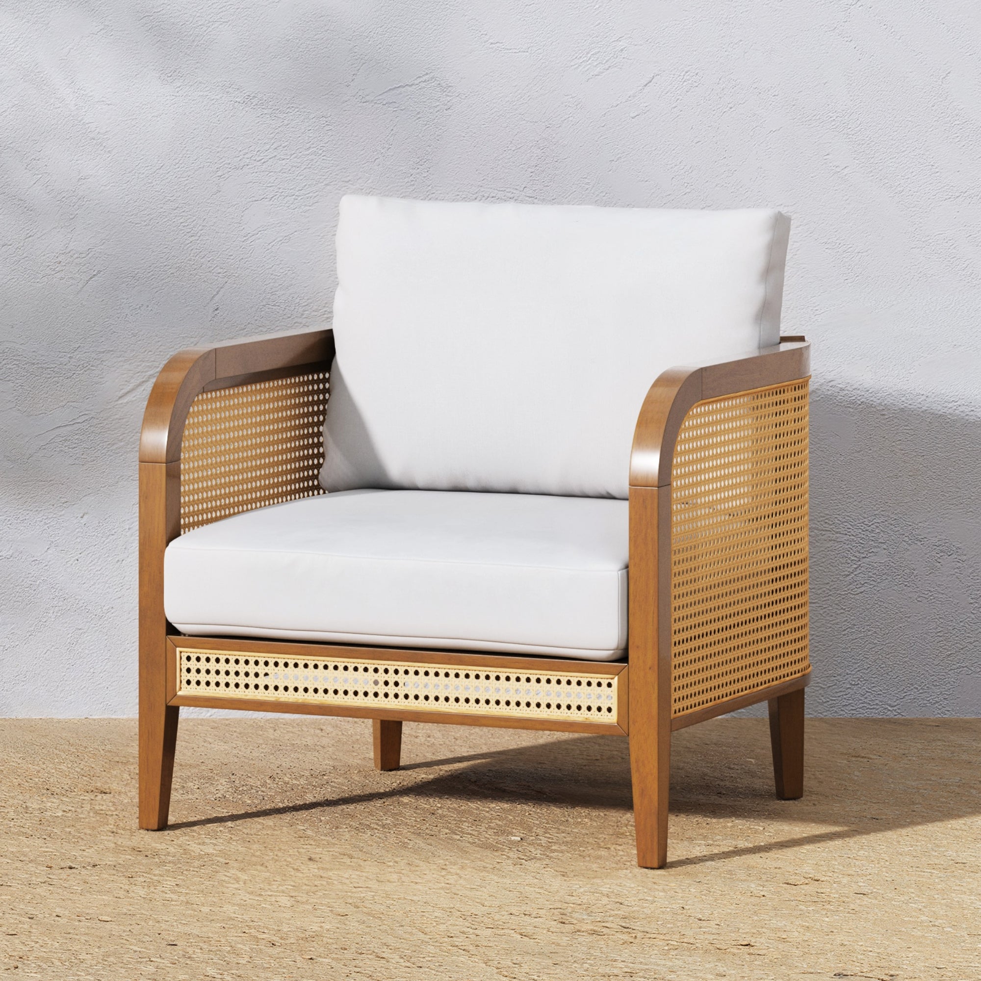 Solid Wood & Rattan Outdoor Patio Cushioned Arm Chair