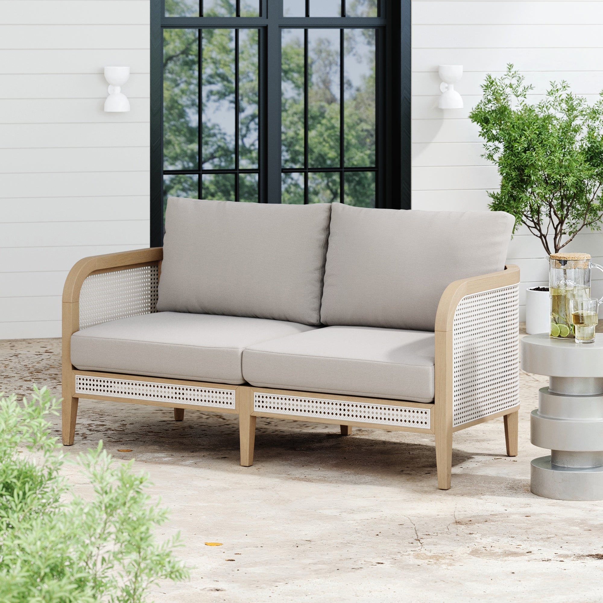 Rattan Outdoor Patio Cushioned Loveseat Gray Oak