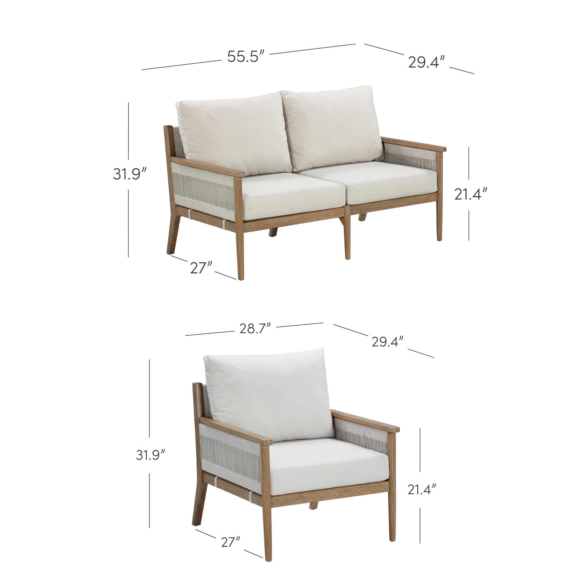 Rope Outdoor Patio Set Loveseat & 2 Chairs