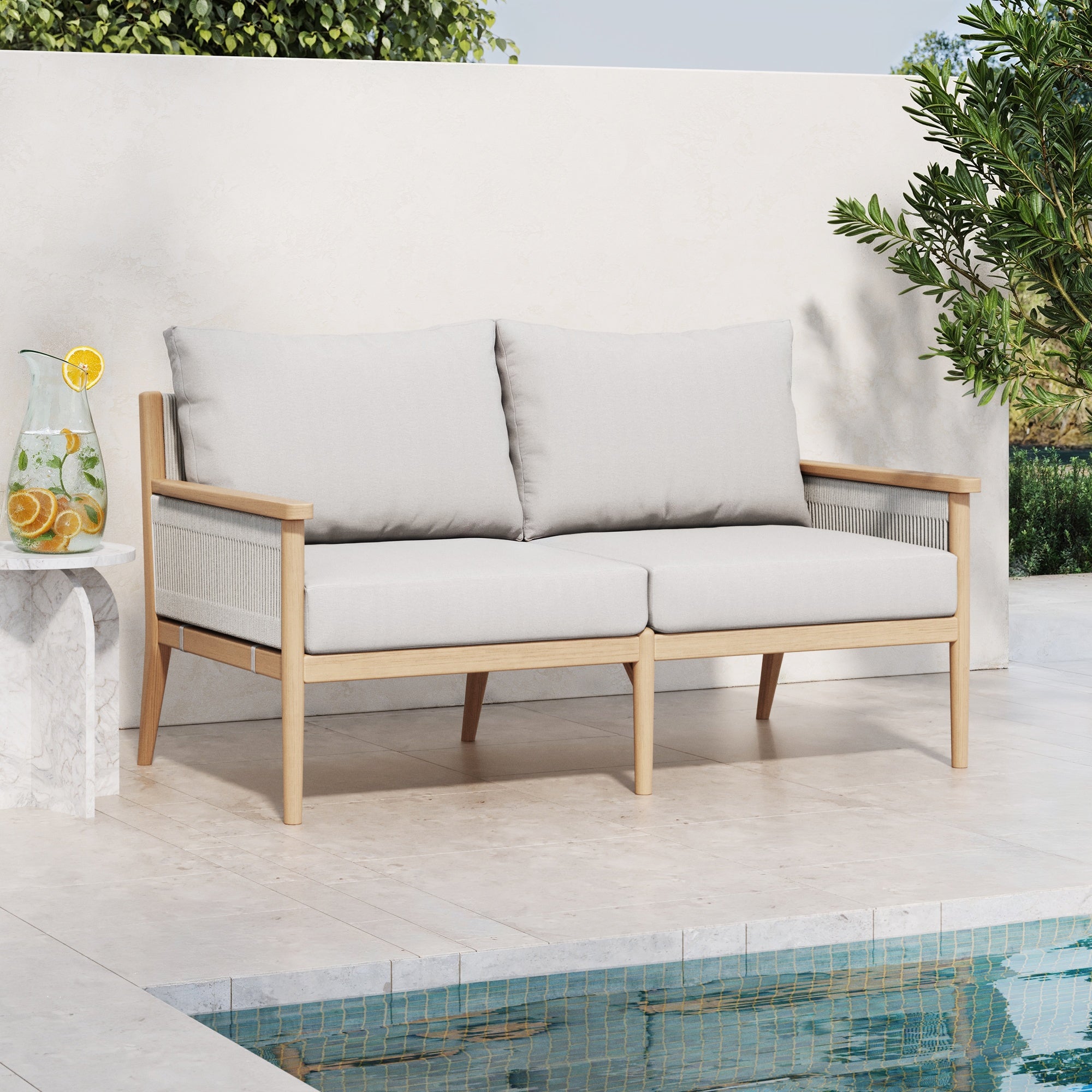 Wood & Rope Outdoor Patio Cushioned Loveseat White Cream