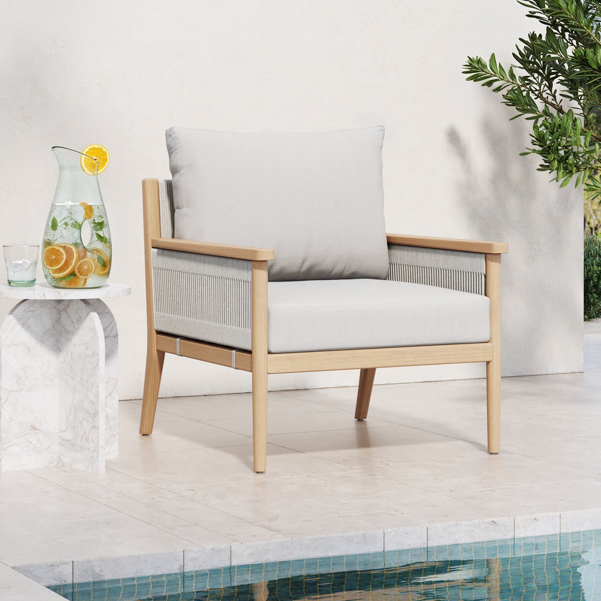 Wood & Rope Outdoor Patio Cushioned Arm Chair White Cream