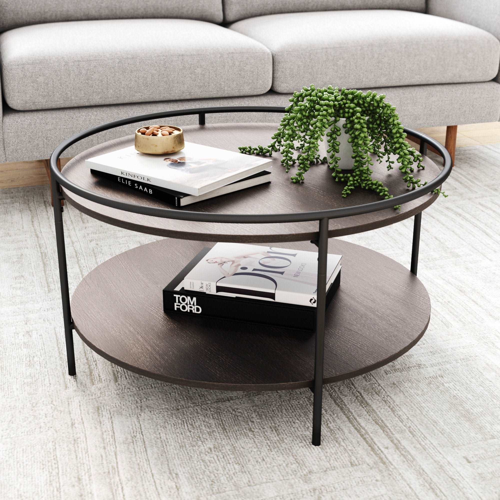 Wood 2-Tier Round Coffee Table | Paloma Dark Oak-Matte Black