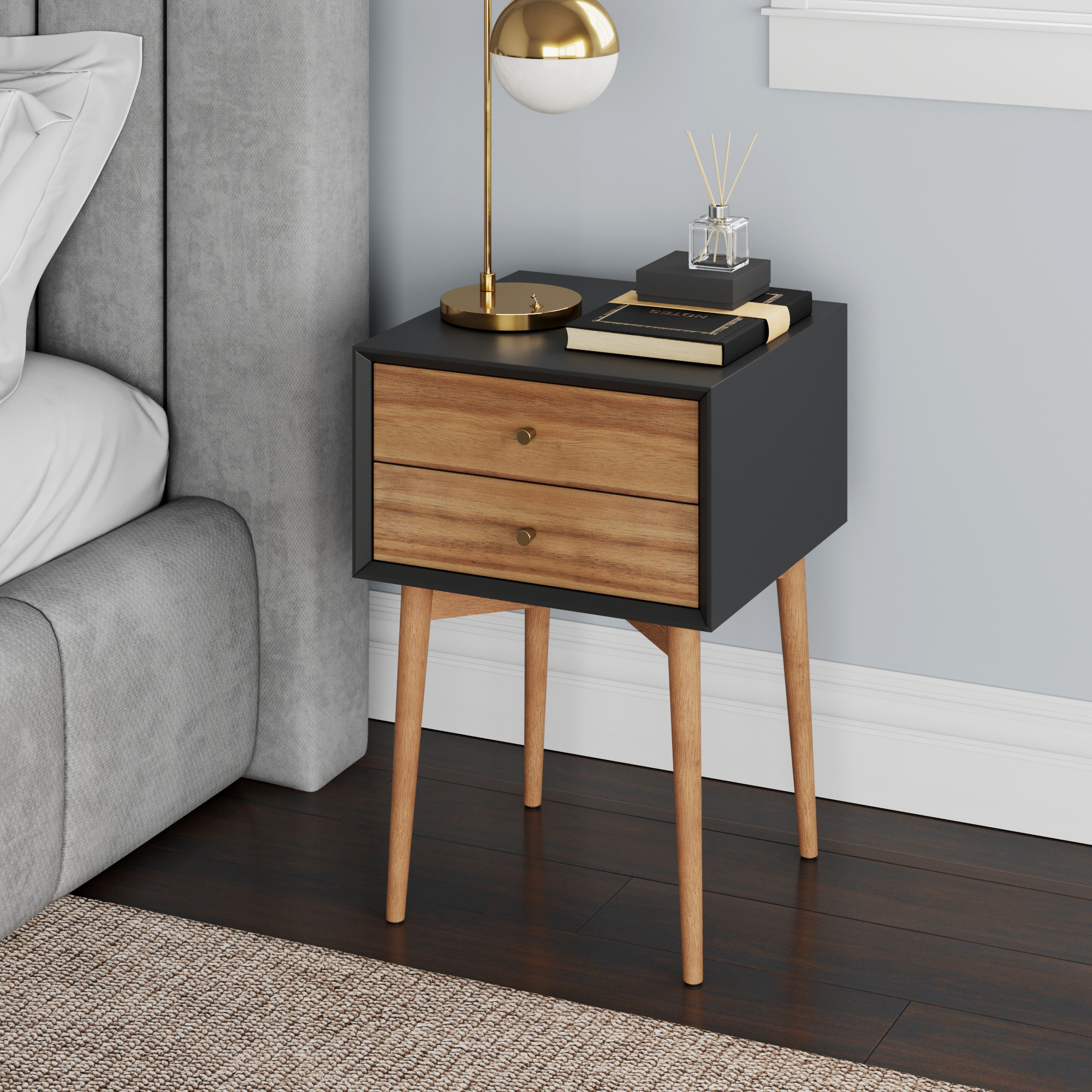 Wood Mid-Century Nightstand Acacia Black