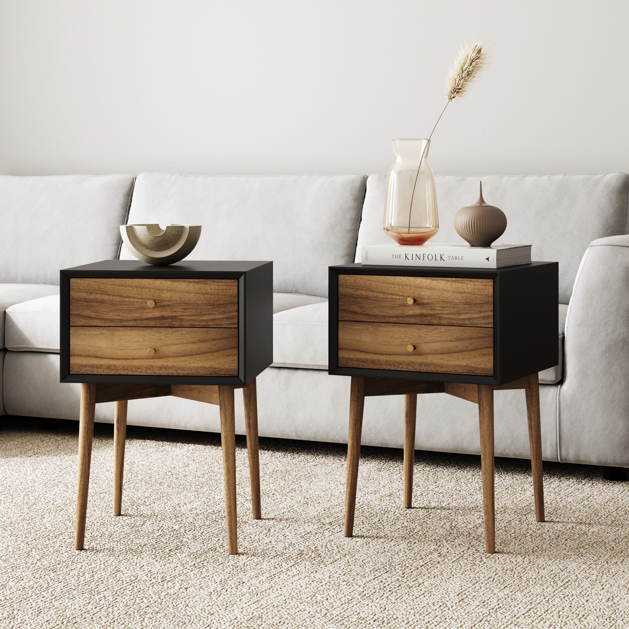 Wood Mid-Century Nightstands Black (Set of 2)