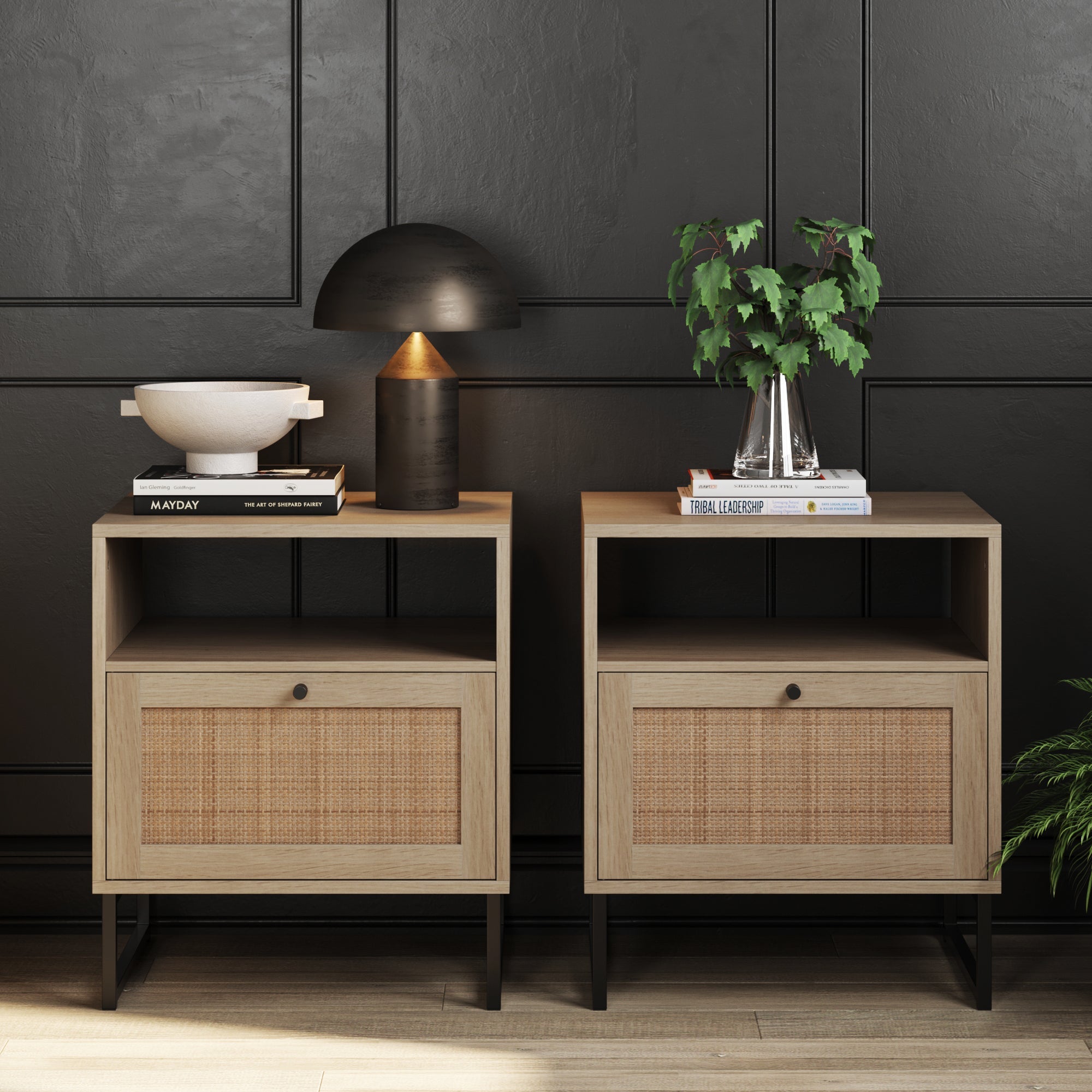 Rattan & Wood Storage Nightstands Oak (Set of 2)