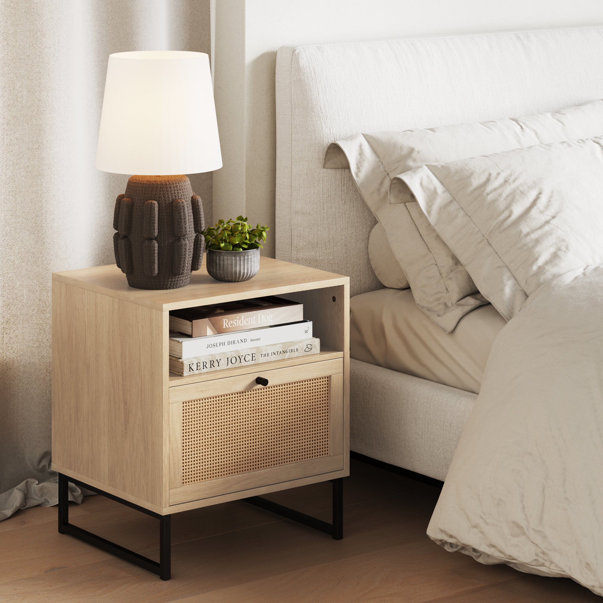 Rattan & Wood Storage Nightstand Light Oak