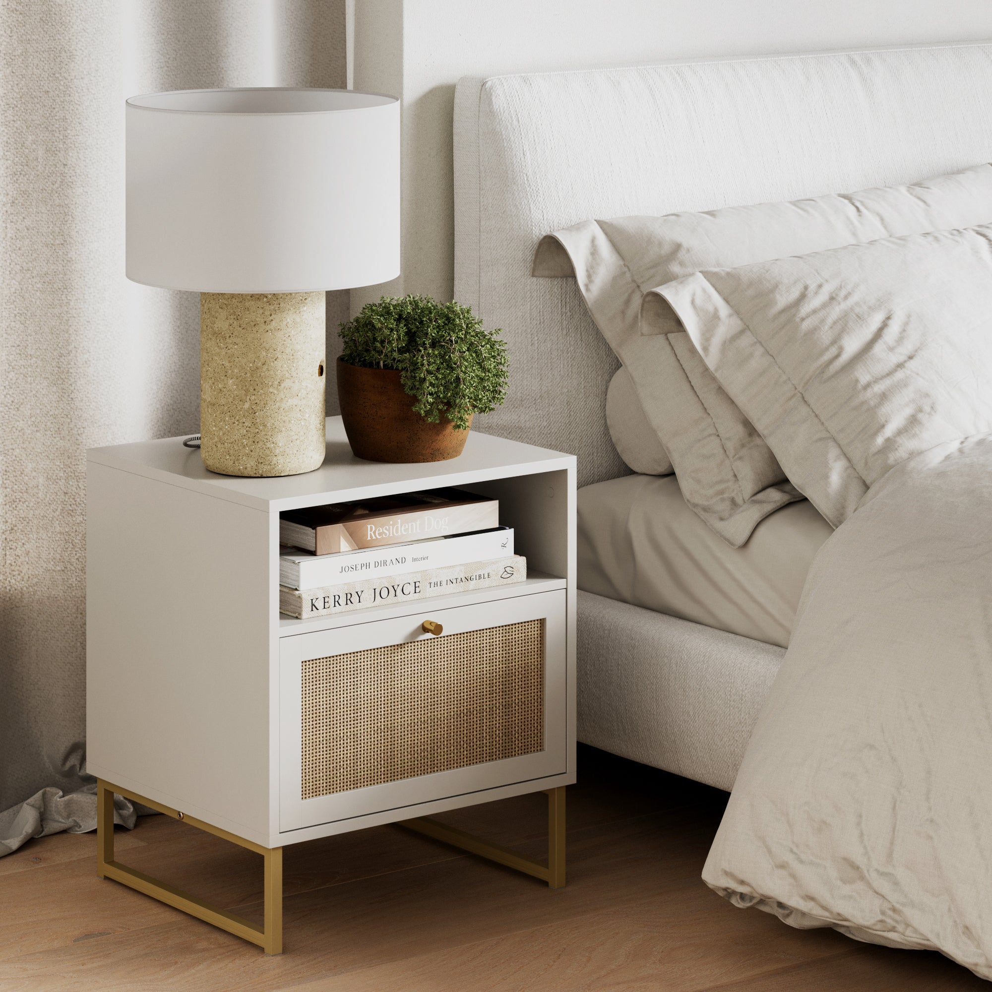 Rattan & Wood Storage Nightstand White