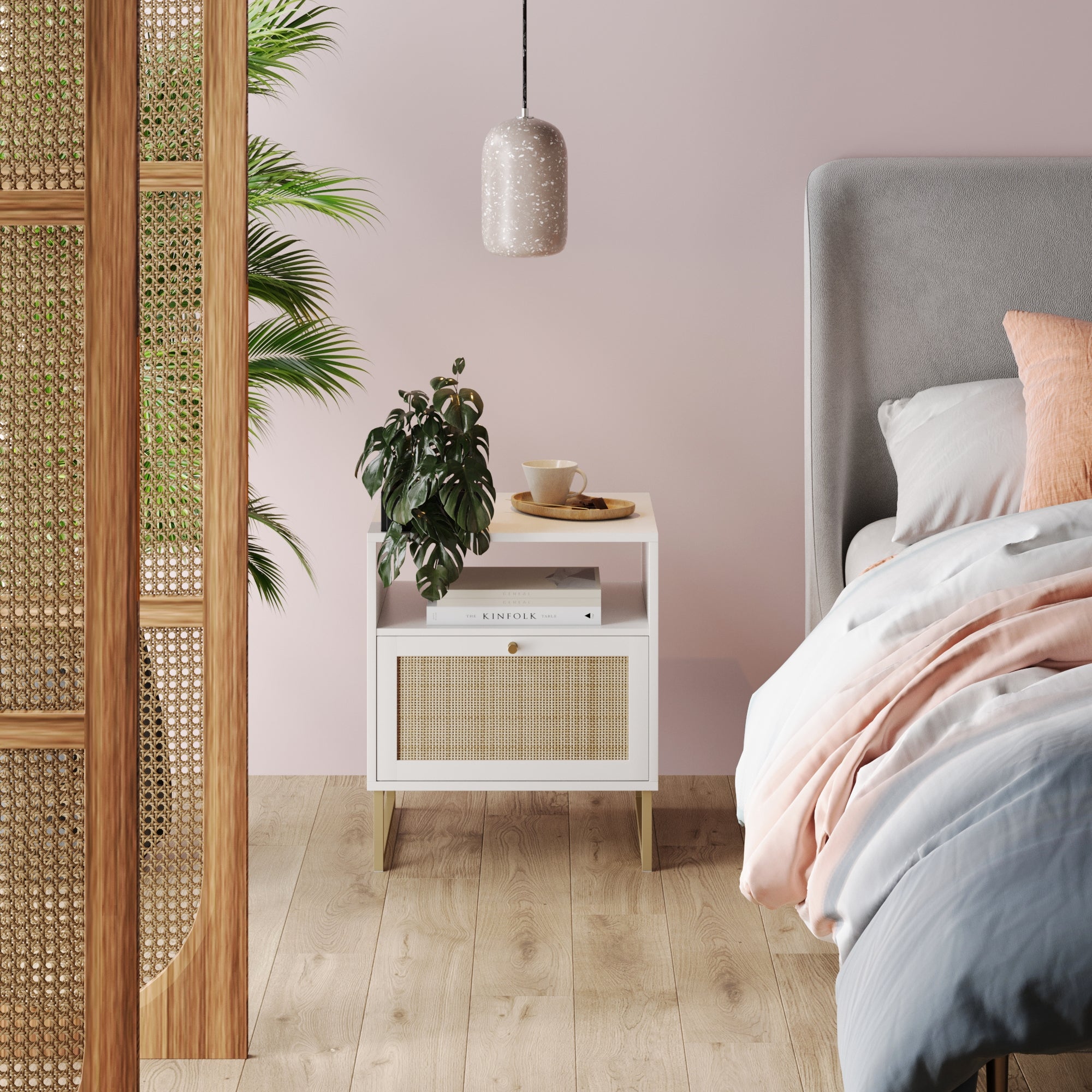 Rattan & Wood Storage Nightstand White