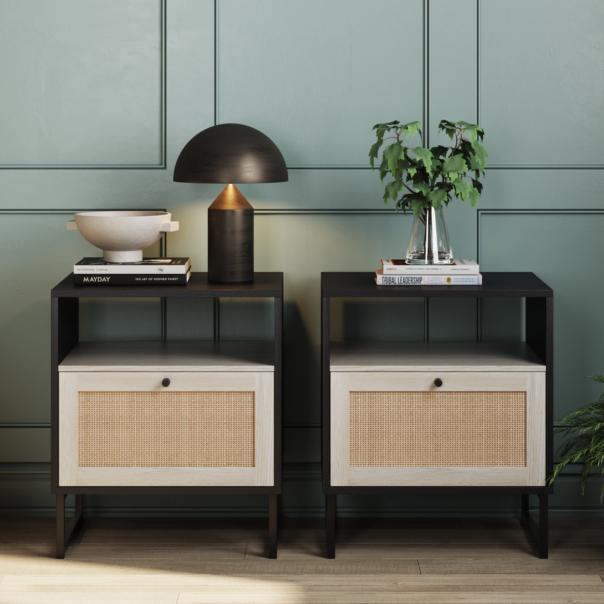 Rattan & Wood Nightstands Black (Set of 2)