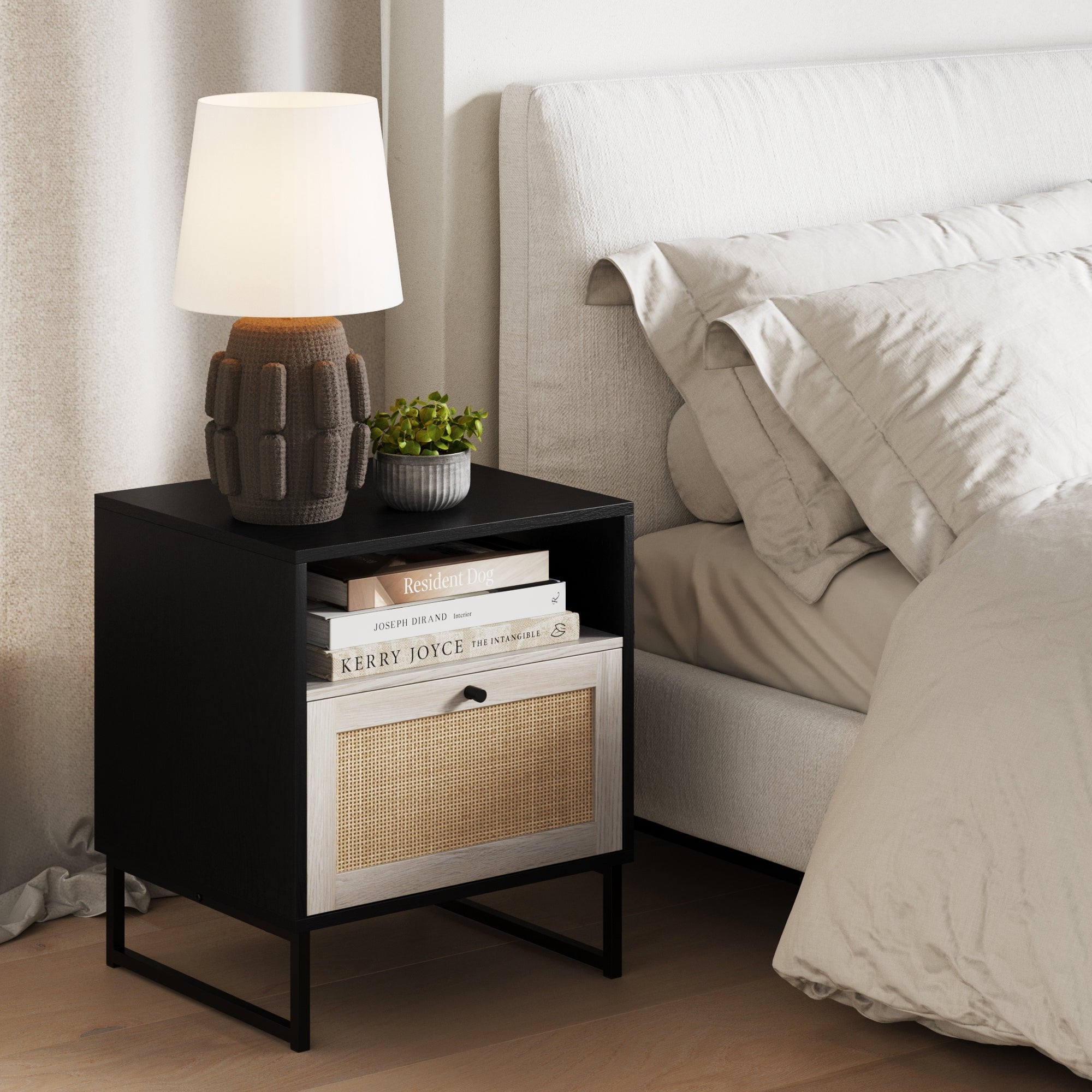 Rattan & Wood Storage Nightstand Black