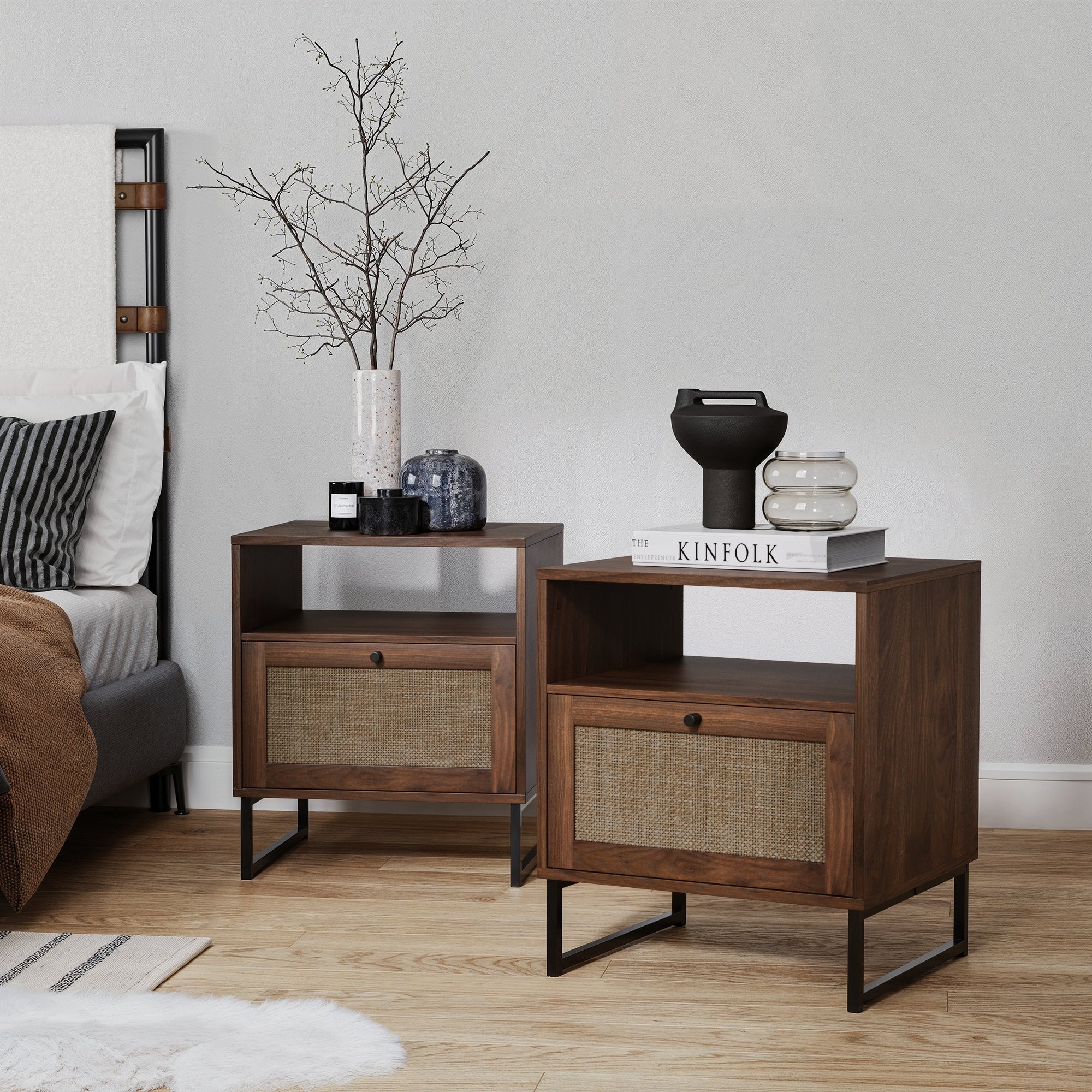 Rattan & Wood Storage Nightstands Walnut (Set of 2)