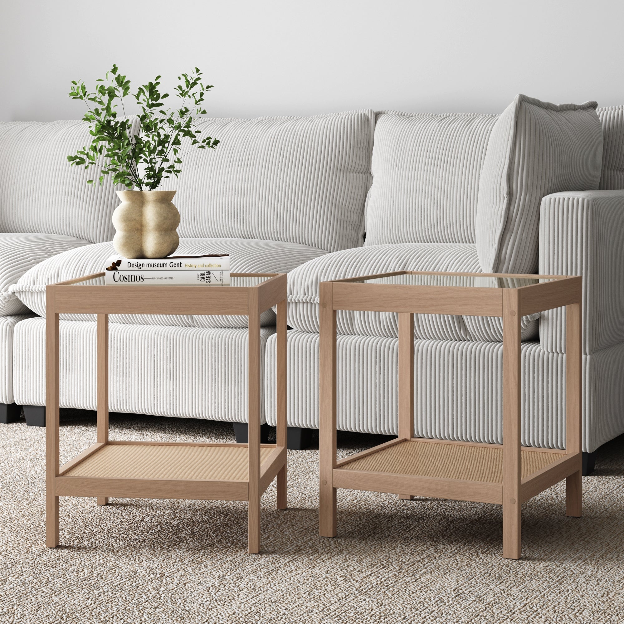 Solid Wood, Rattan & Glass Top End Table Raw Oak (Set of 2)