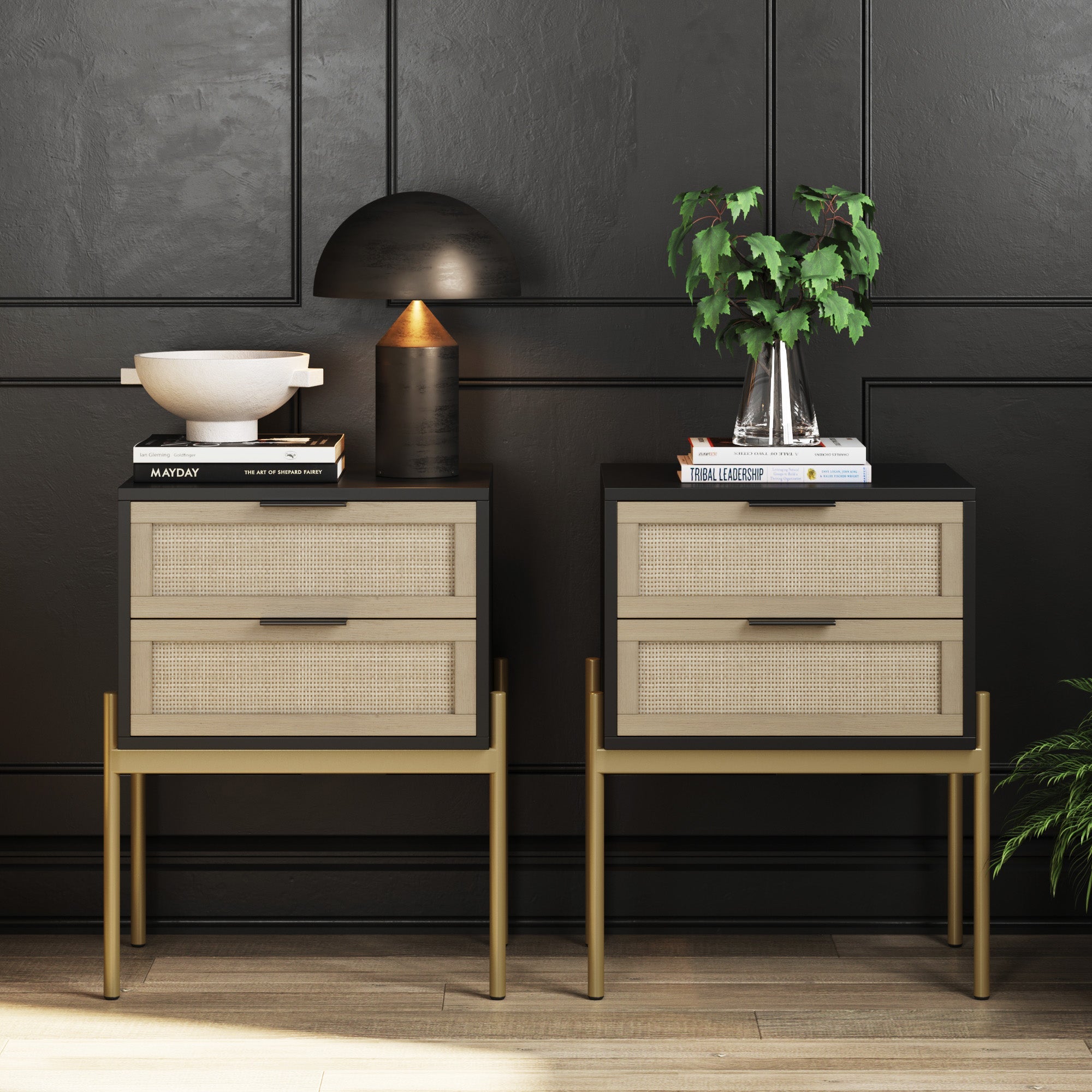 Wood & Rattan Nightstands Black (Set of 2)