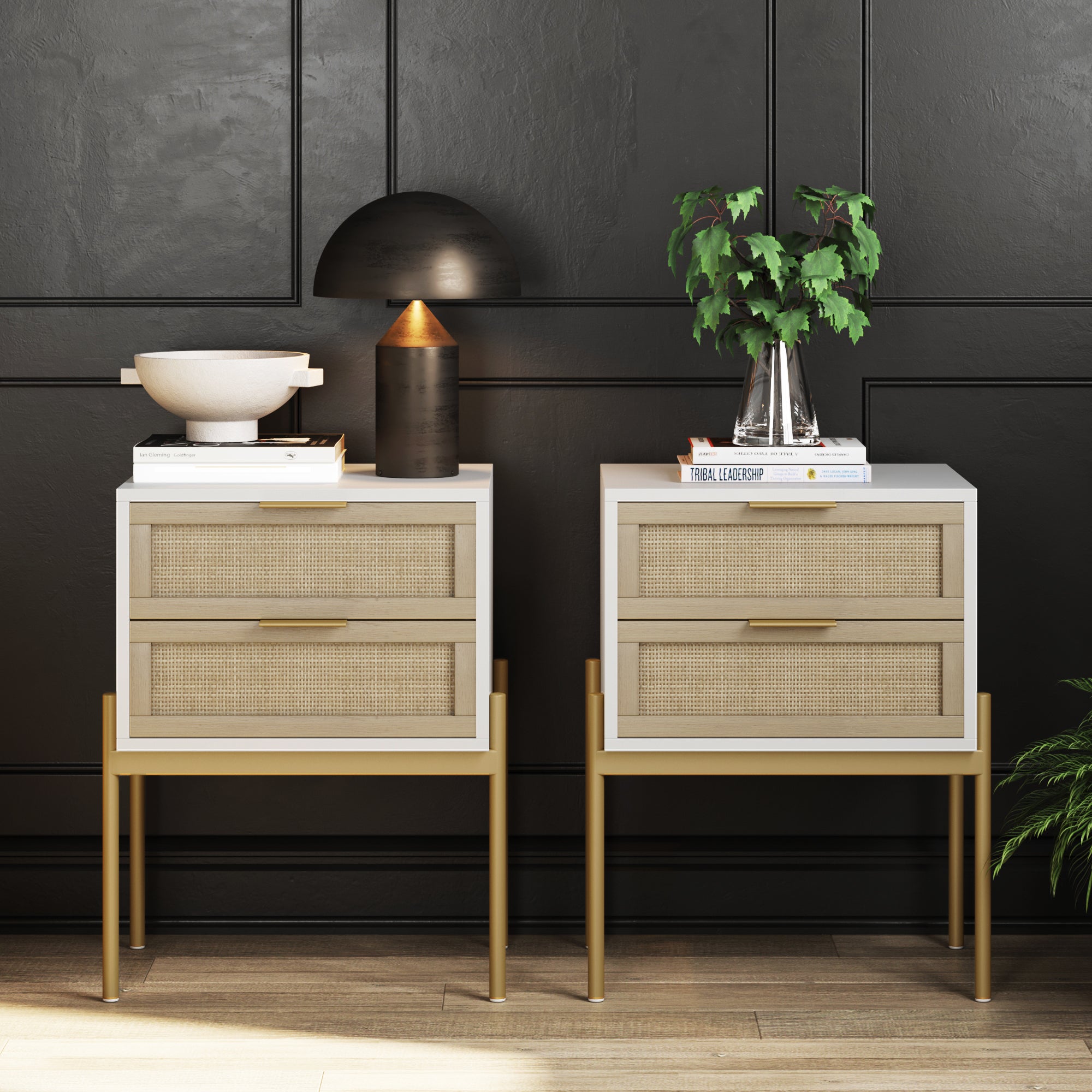 Wood & Rattan Nightstands White (Set of 2)