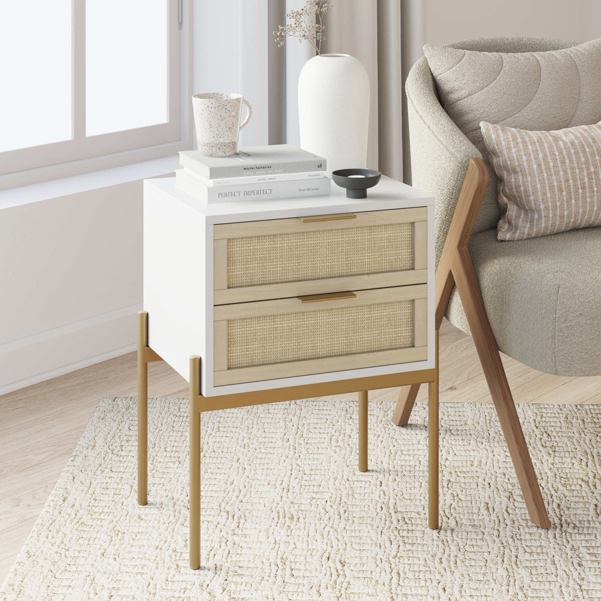 Wood & Rattan 2-Drawer Nightstand White