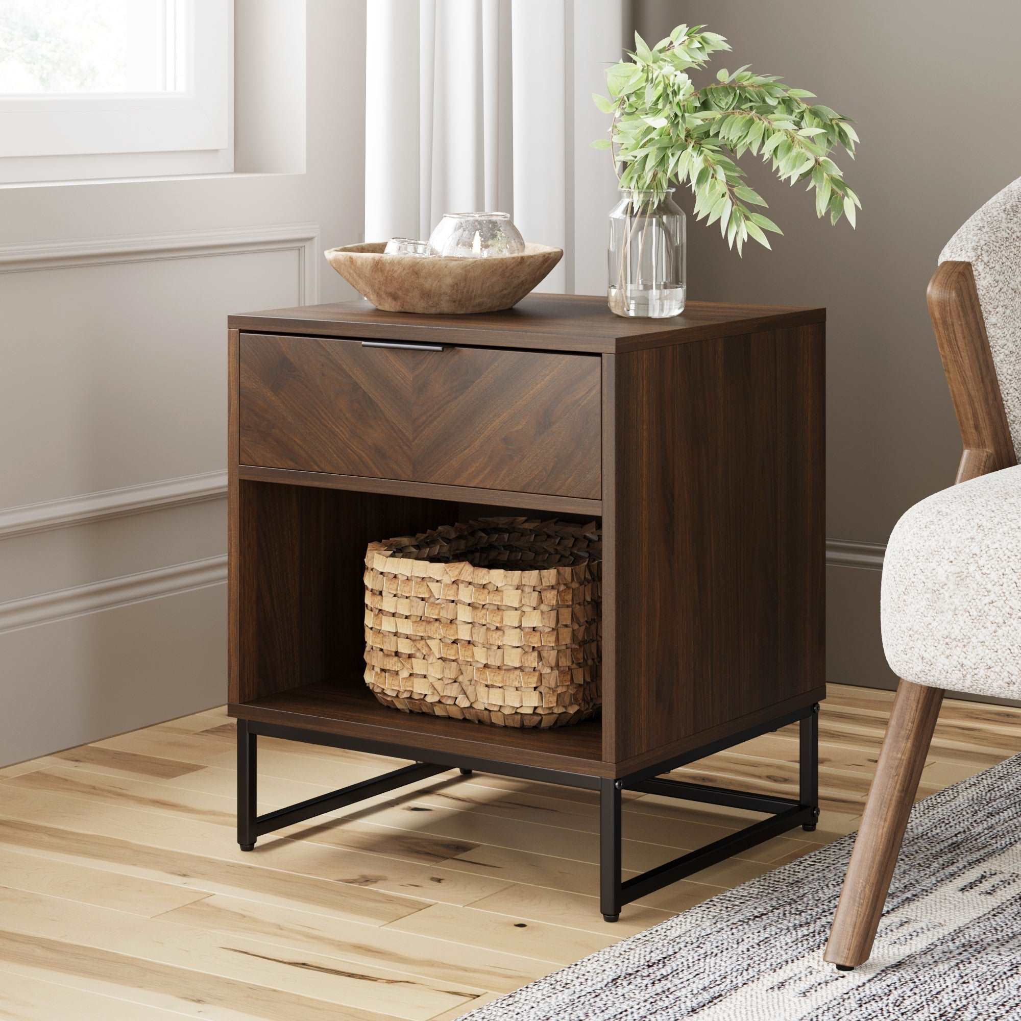 Wood Cabinet Herringbone Side Table Walnut-Matte Black