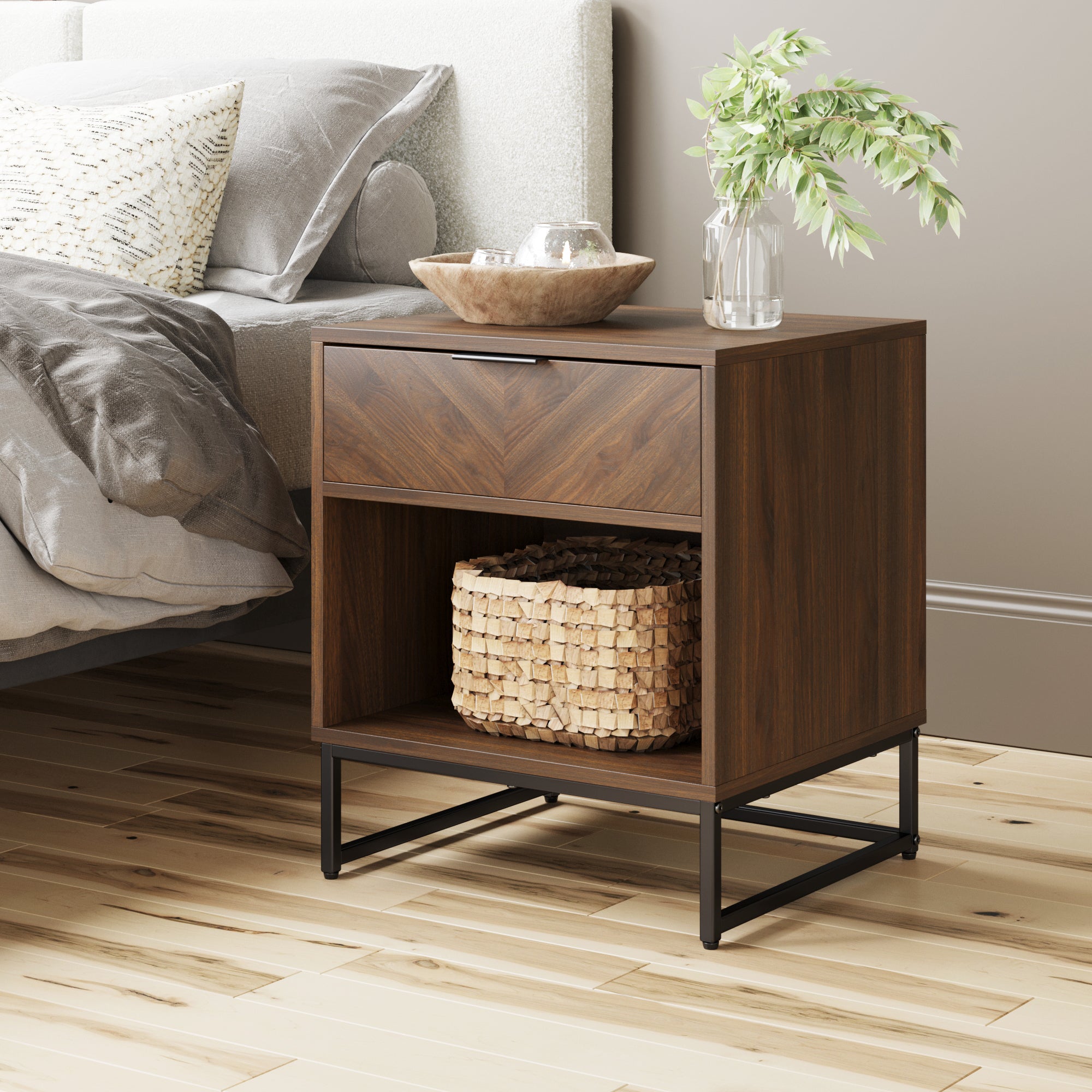 Wood Cabinet Herringbone Nightstand Nutmeg