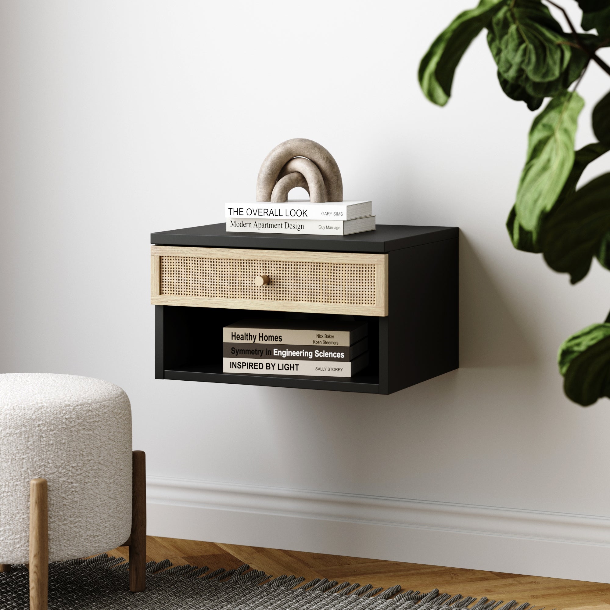 Rattan & Wood Floating Nightstand Black