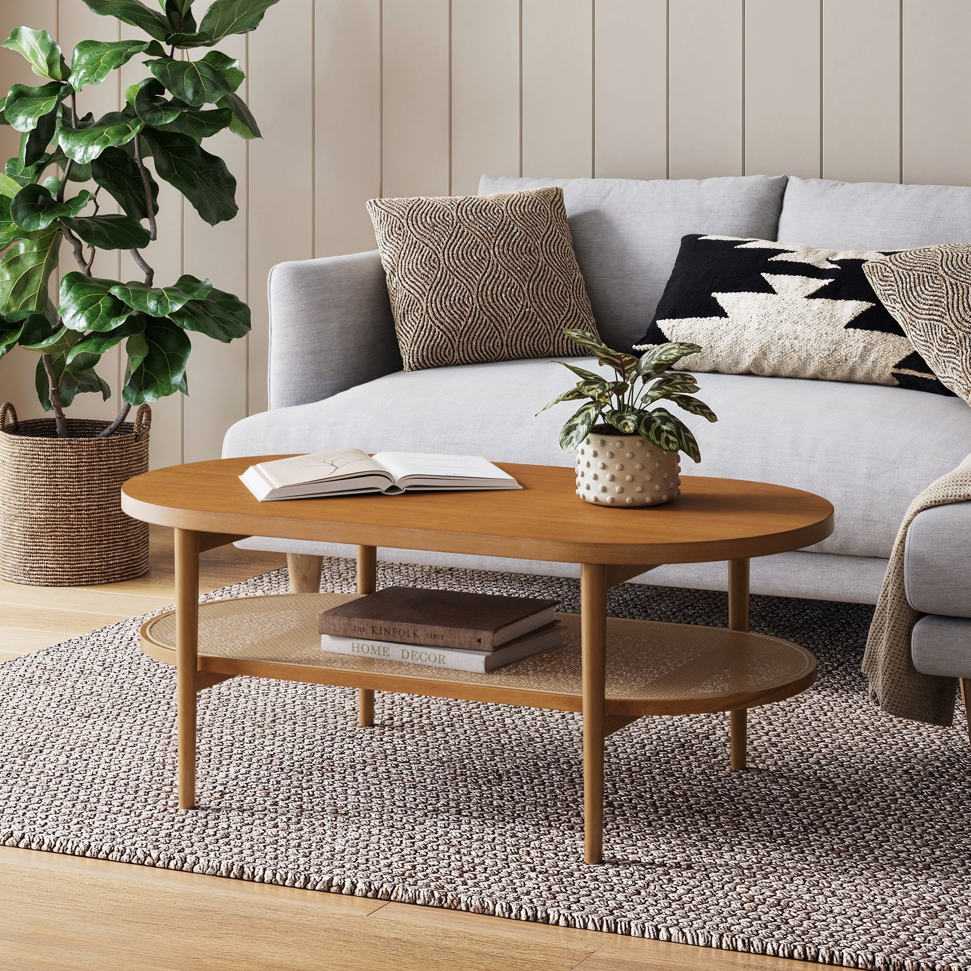 Wood & Rattan Oval Coffee Table Honey Brown