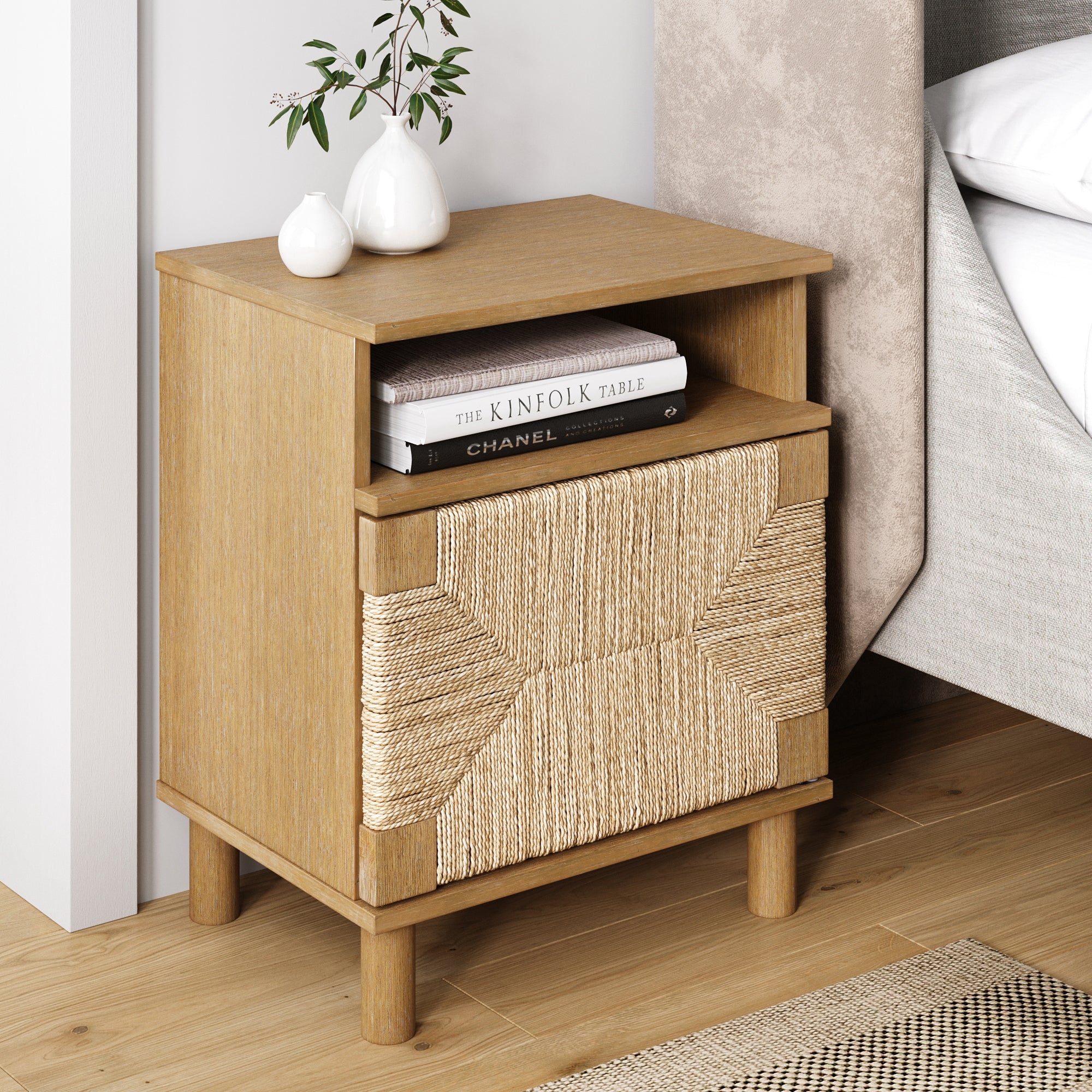 Boho Seagrass & Wood Storage Nightstand