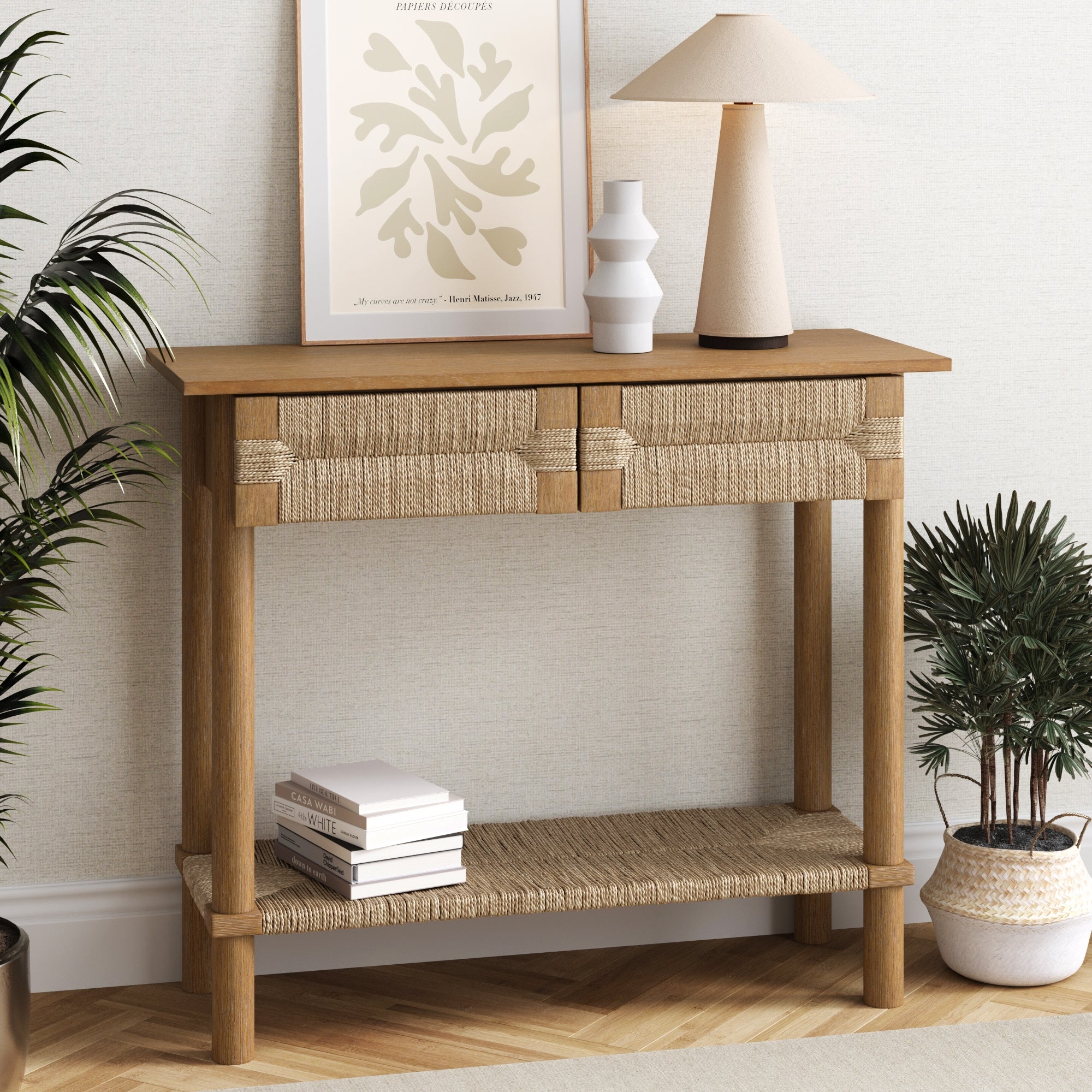 Boho Seagrass & Wood Console Table