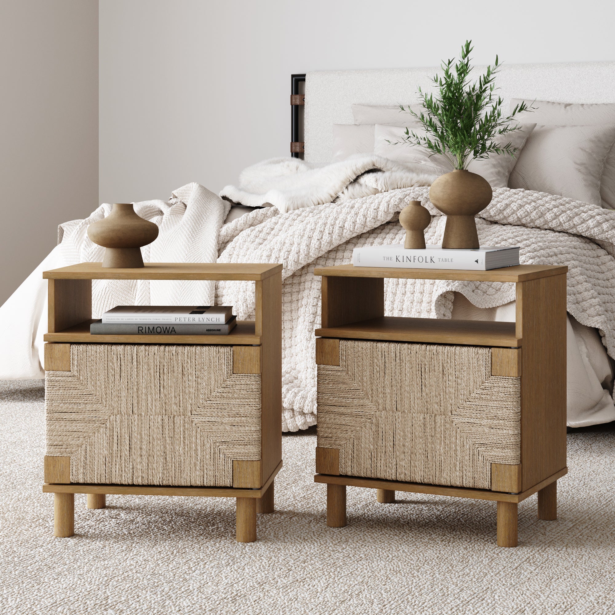 Boho Seagrass Storage Nightstands (Set of 2)