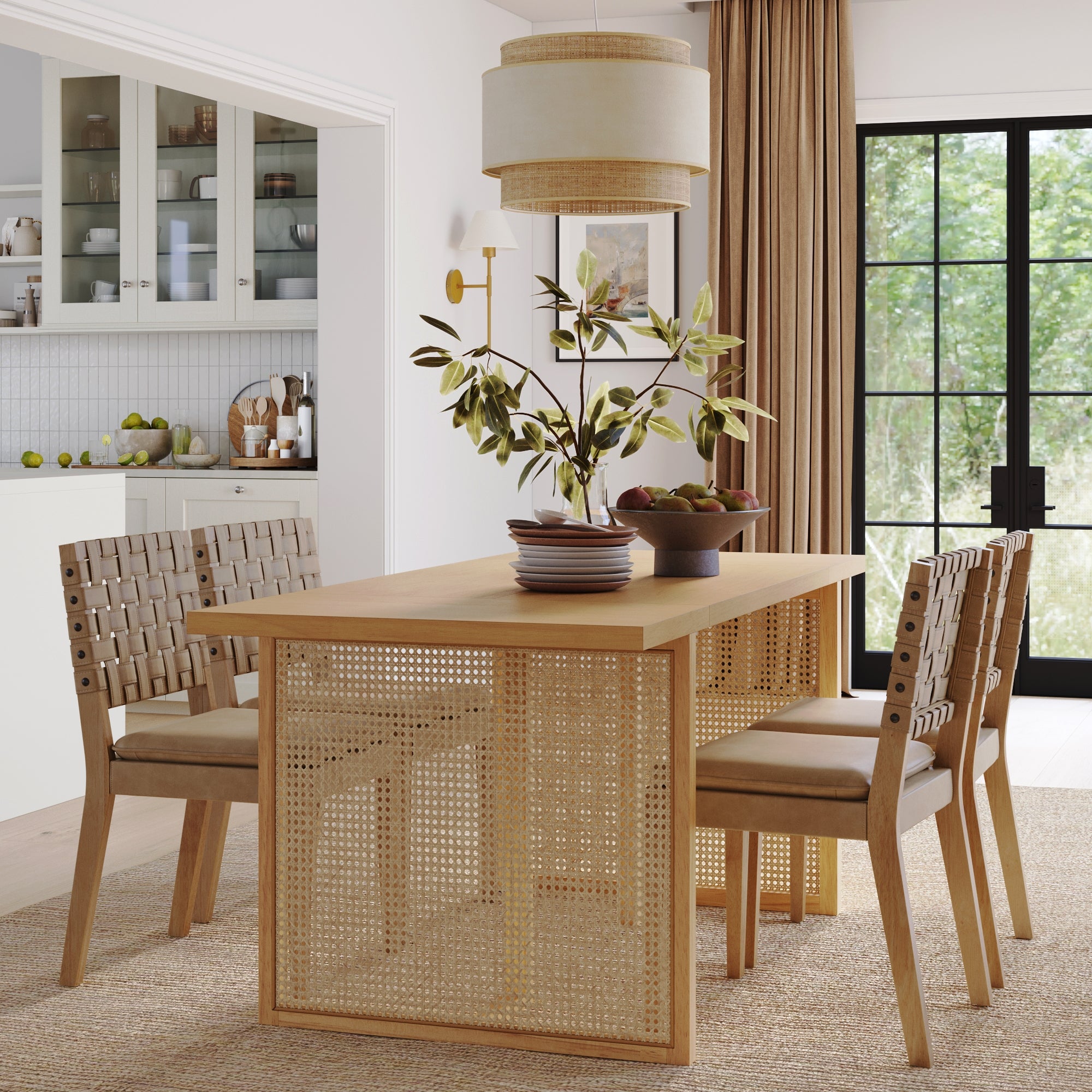 Woven Faux Leather & Rattan Dining Set (4 Chairs)