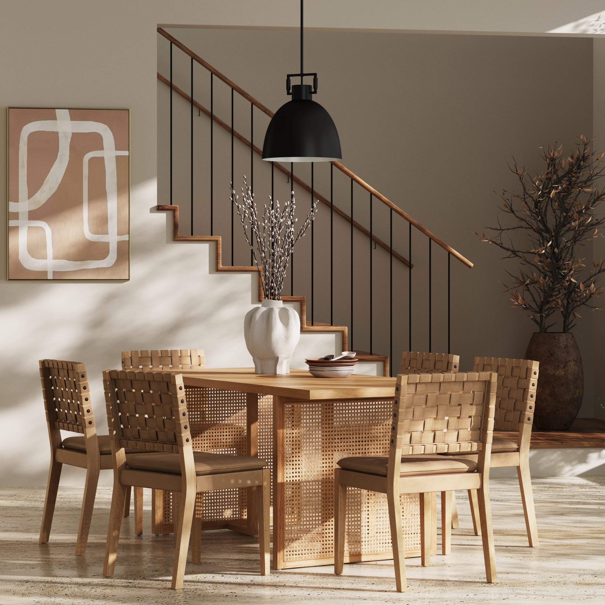 Woven Faux Leather & Rattan Dining Set (6 Chairs)