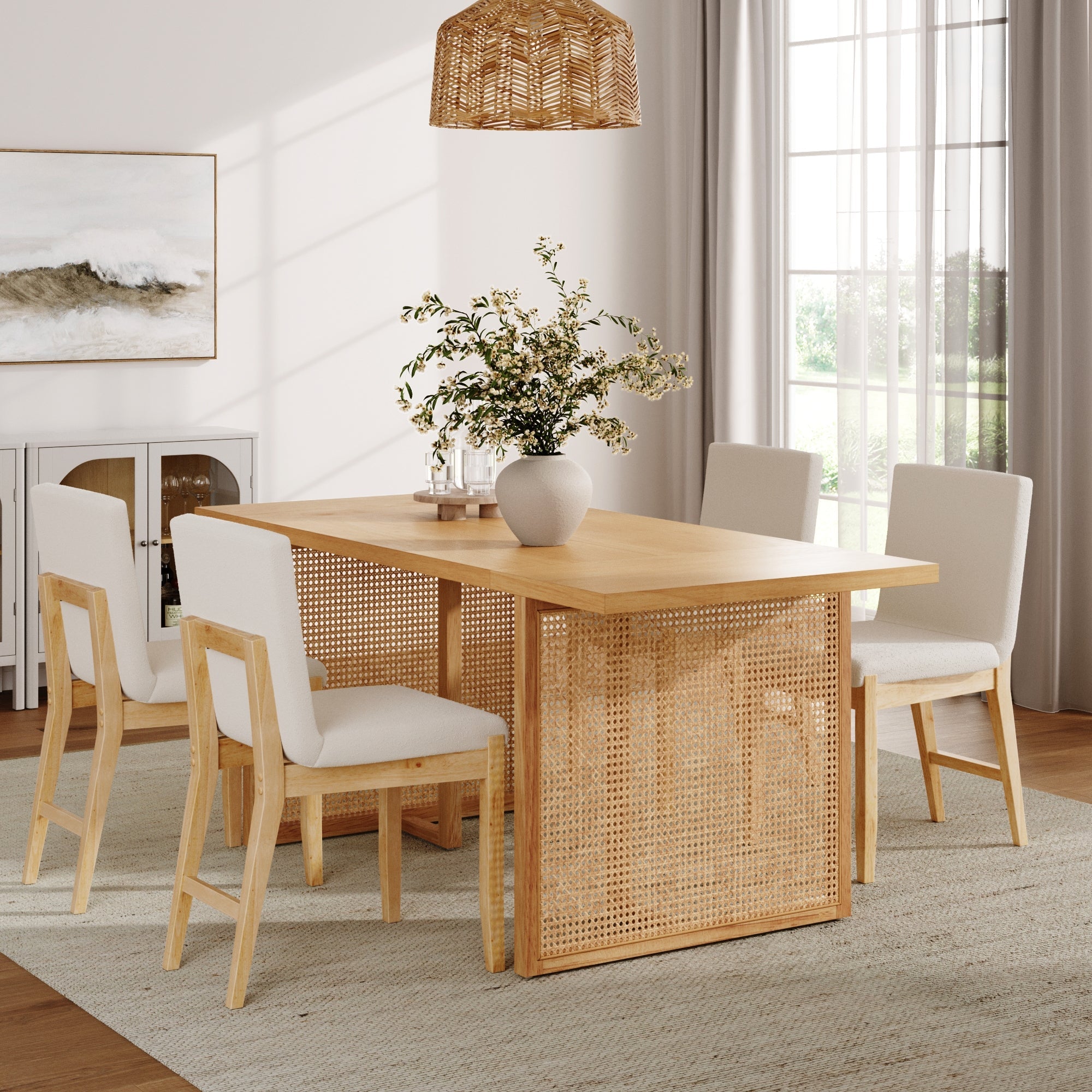 Bohemian Wood & Boucle Dining Set (4 Chairs)