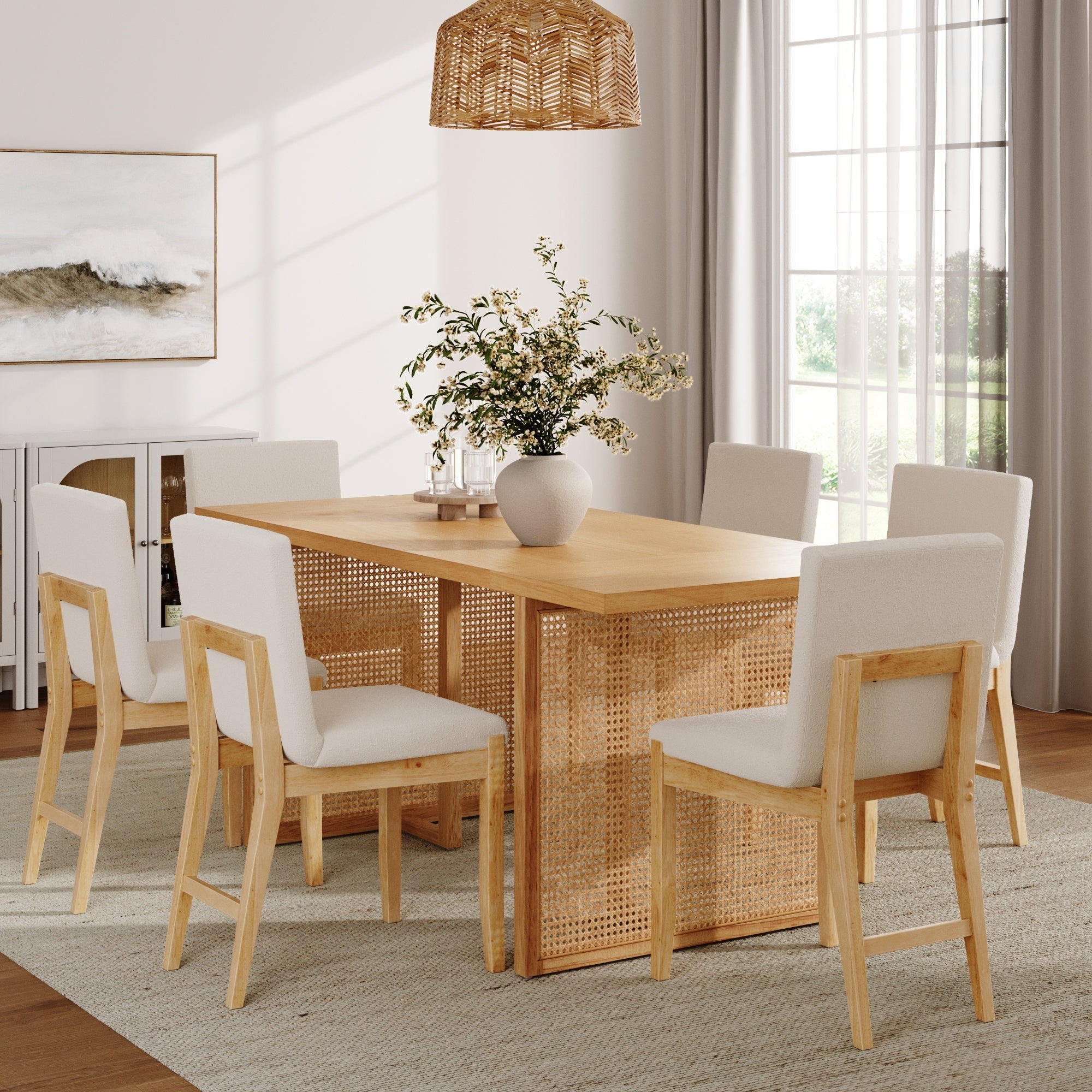 Bohemian Wood & Boucle Dining Set (6 Chairs)