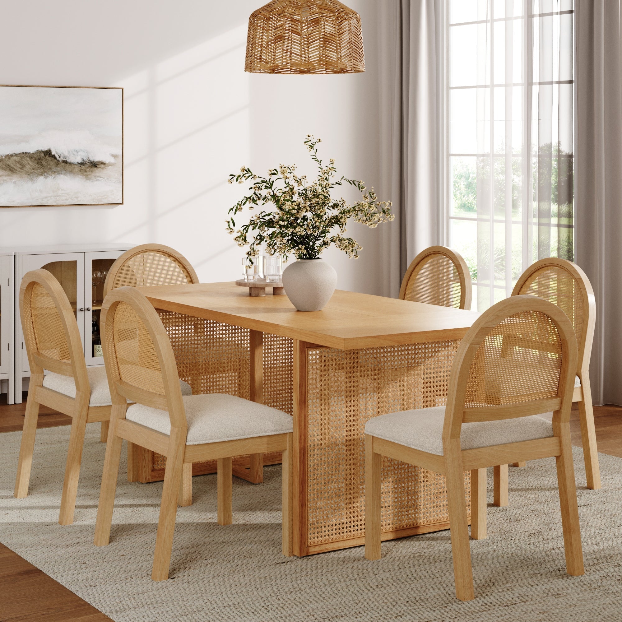 Bohemian Rattan & Boucle Dining Set (6 Chairs)