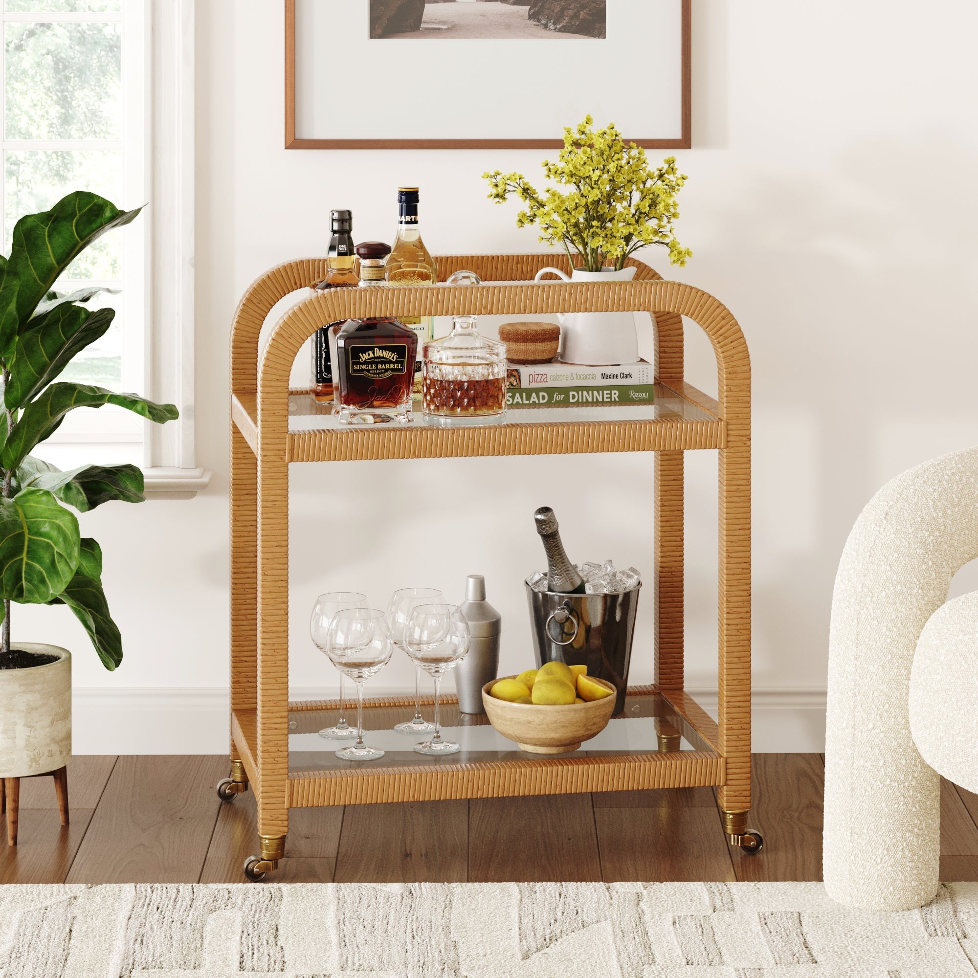 Boho Wicker 2-Tier Rolling Bar Cart