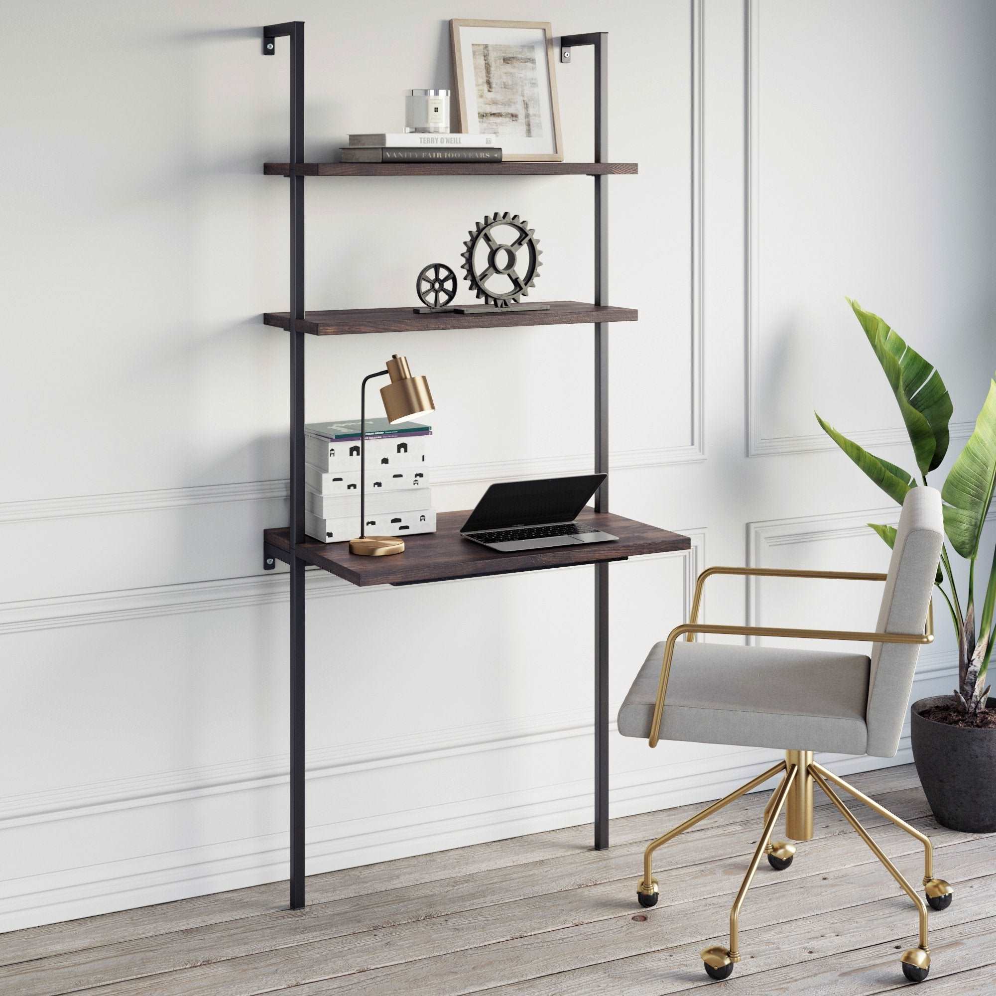 Wood Wall Mount Ladder 2-Shelf Desk Nutmeg-Matte Black