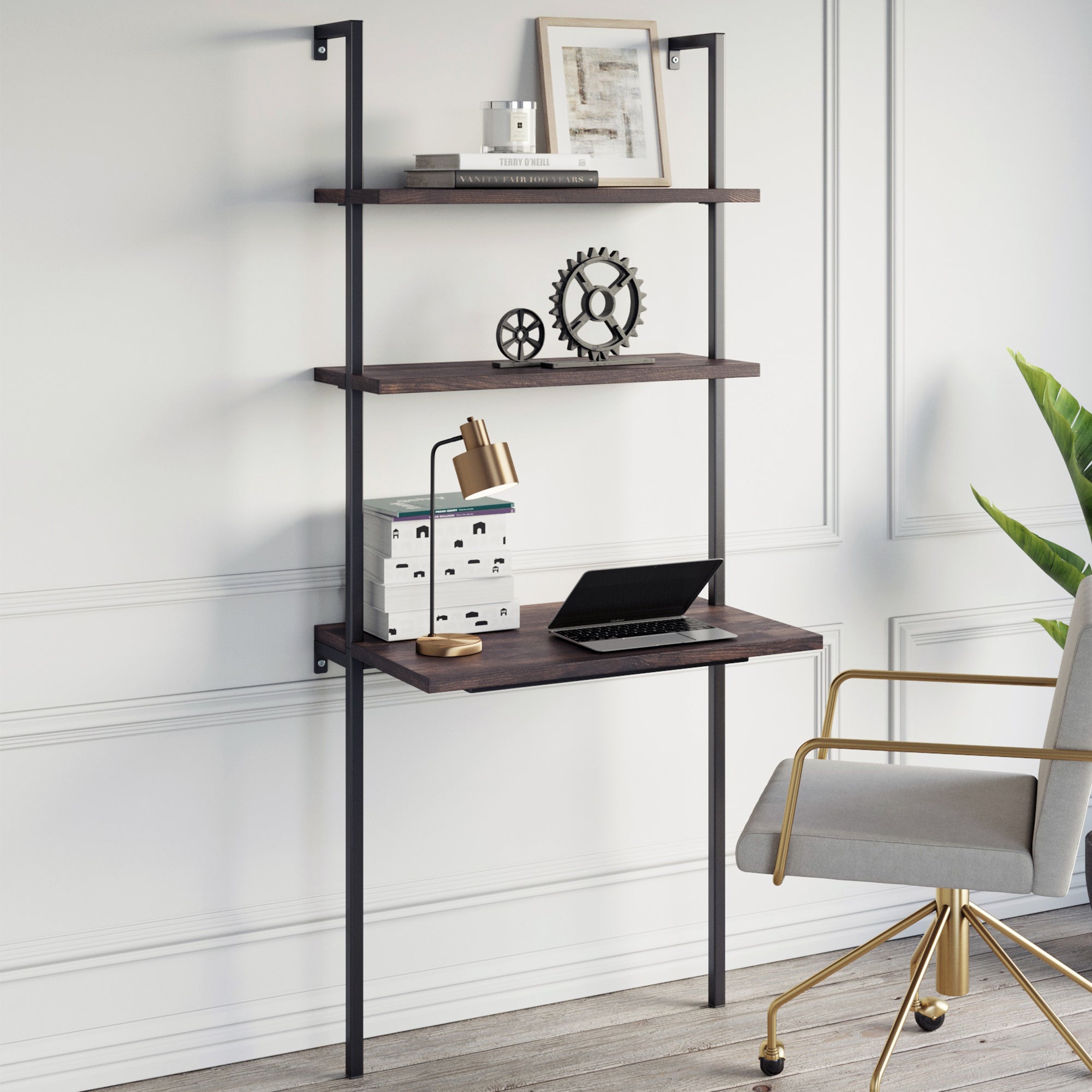 Wood Wall Mount Ladder 2-Shelf Desk Nutmeg